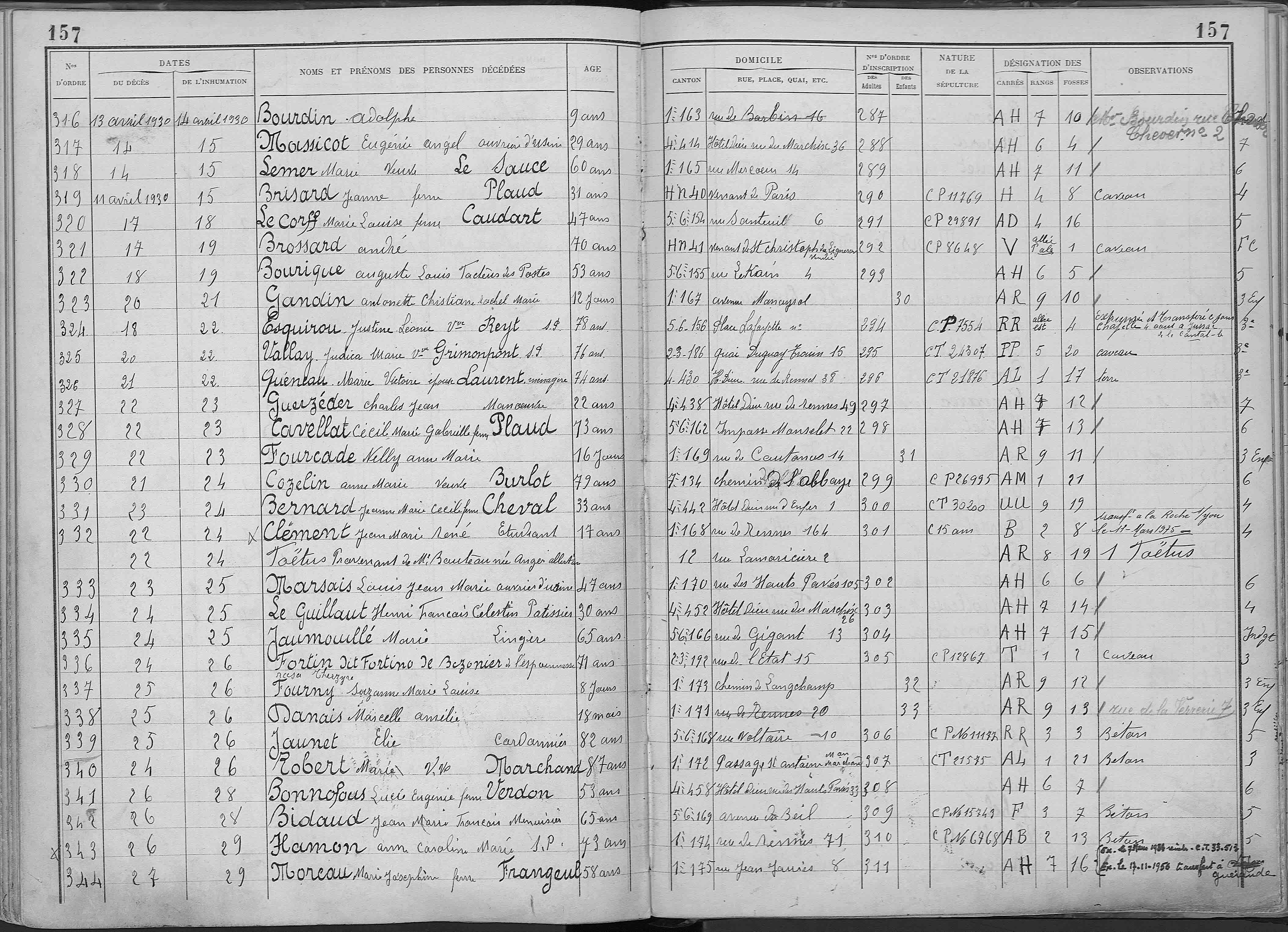 Page extraite du registre des inhumations de 1930 du cimetière Miséricorde