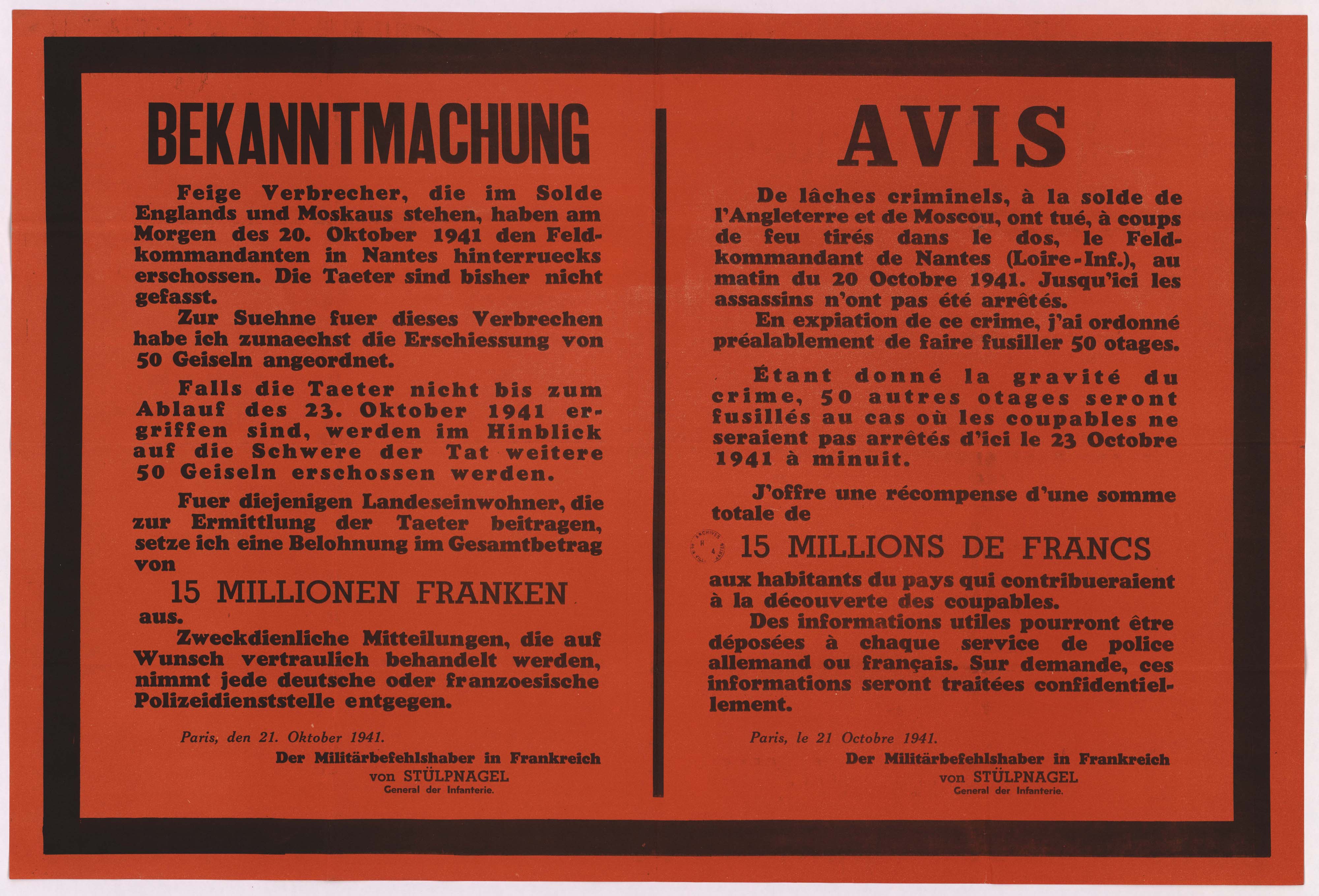 Avis des autorités allemandes du 21 octobre 1941 annonçant des représailles après l'assassinat du Feldkommandant de Nantes et l'exécution de 50 otages (6Fi6954)