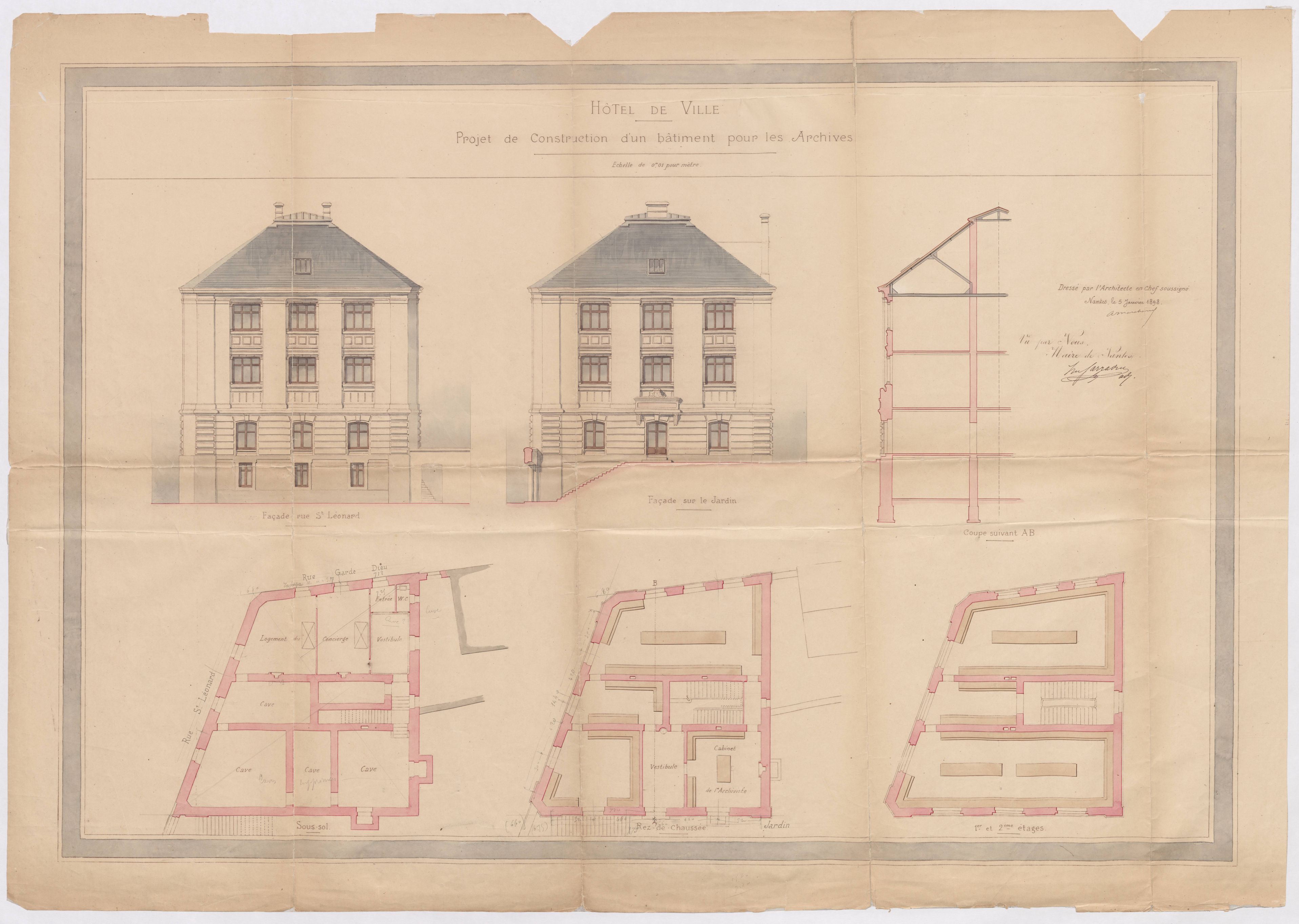 Projet de construction d'un bâtiment pour les archives, plans et élévations, 1898 (1Fi3092)