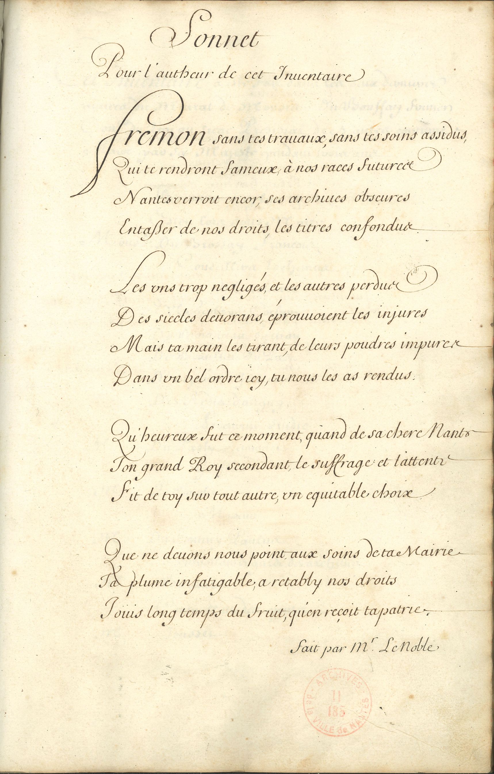 Sonnet par Le Noble, Inventaires des Archives, 1681-1682 (II185)