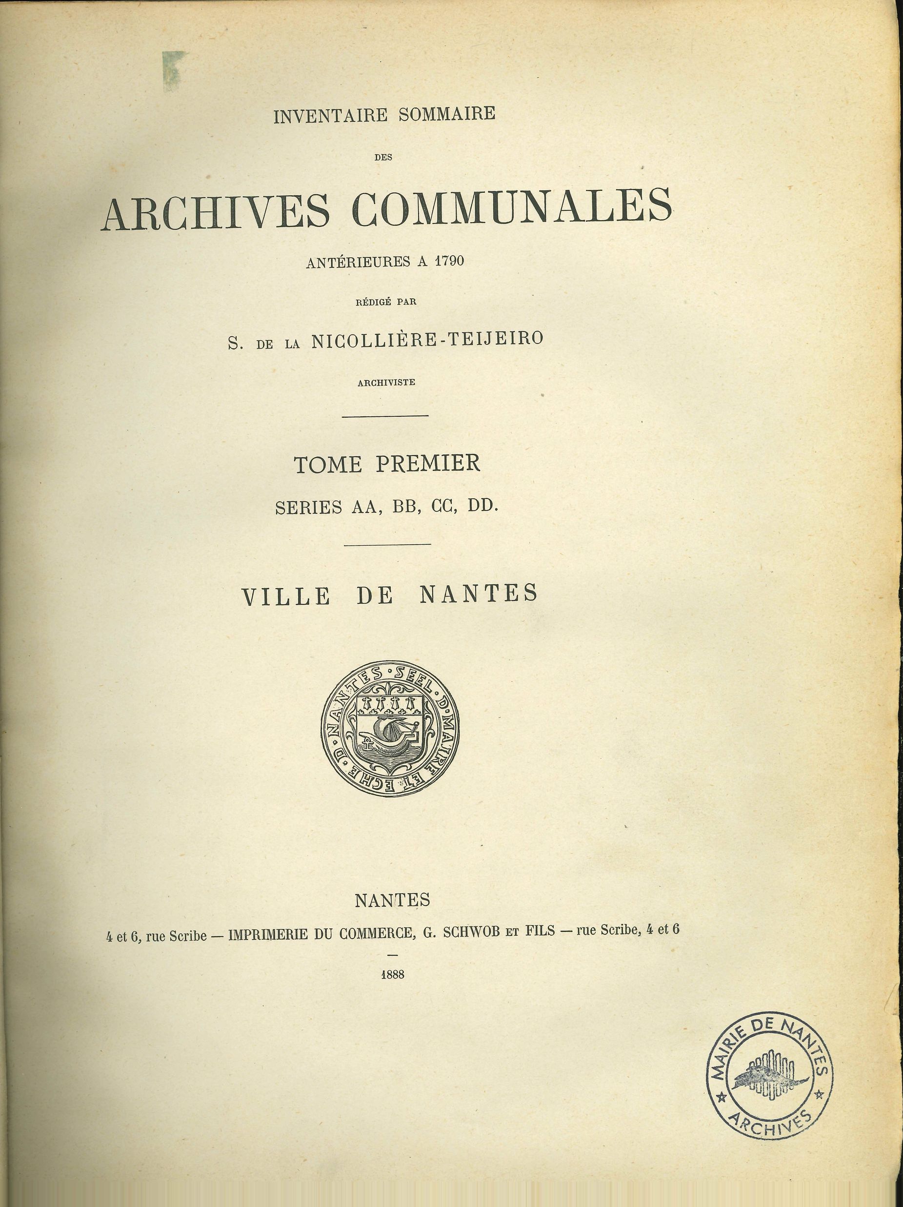 Inventaire sommaire des Archives communales antérieures à 1790. Tome premier, séries AA à DD. 1888 (II197)