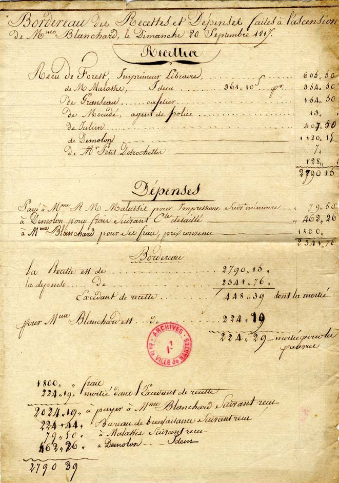 Bordereau des recettes et des dépenses faites par la Ville lors de l'ascension de Madame Blanchard (I1C48D2)