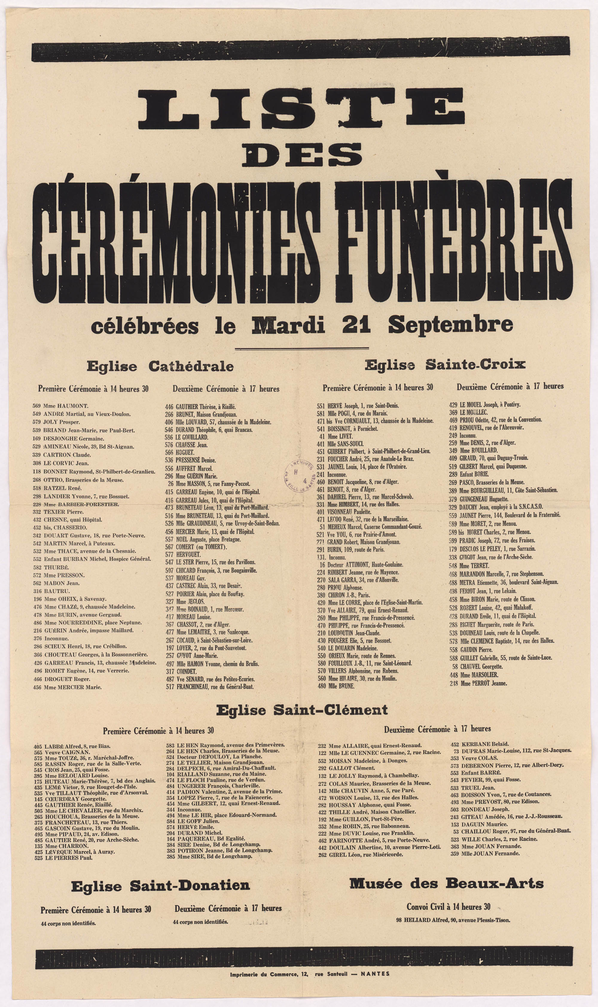 Liste des cérémonies funèbres célébrées le mardi 21 septembre 1943, pour les victimes des bombardements (6Fi4028)