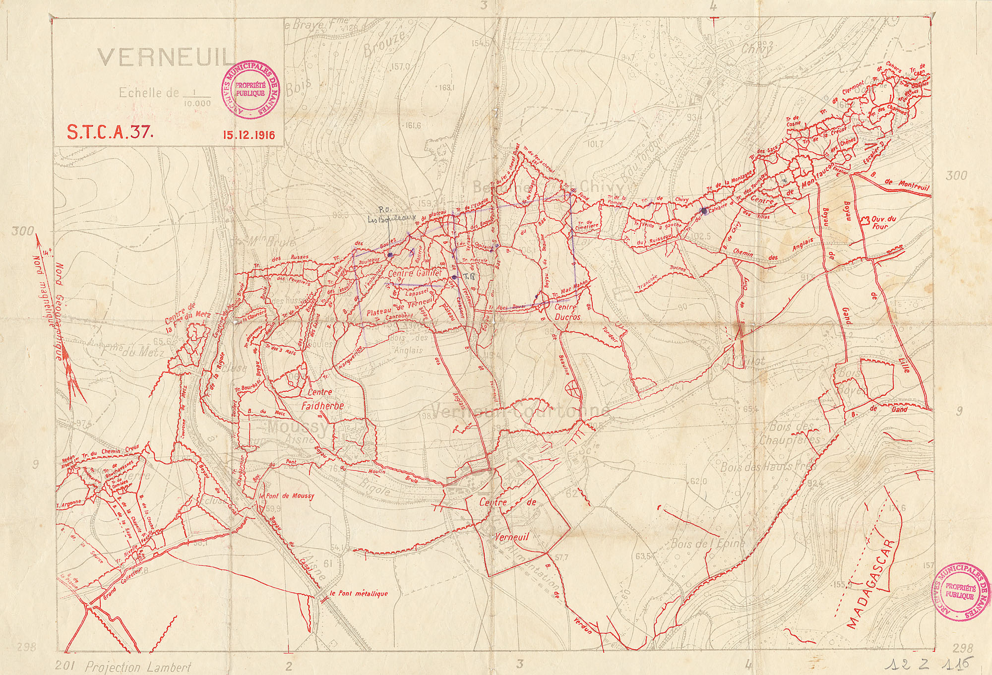 Plan des positions françaises au Chemin des Dames, dans l'Aisne, en décembre 1916 (12Z116)