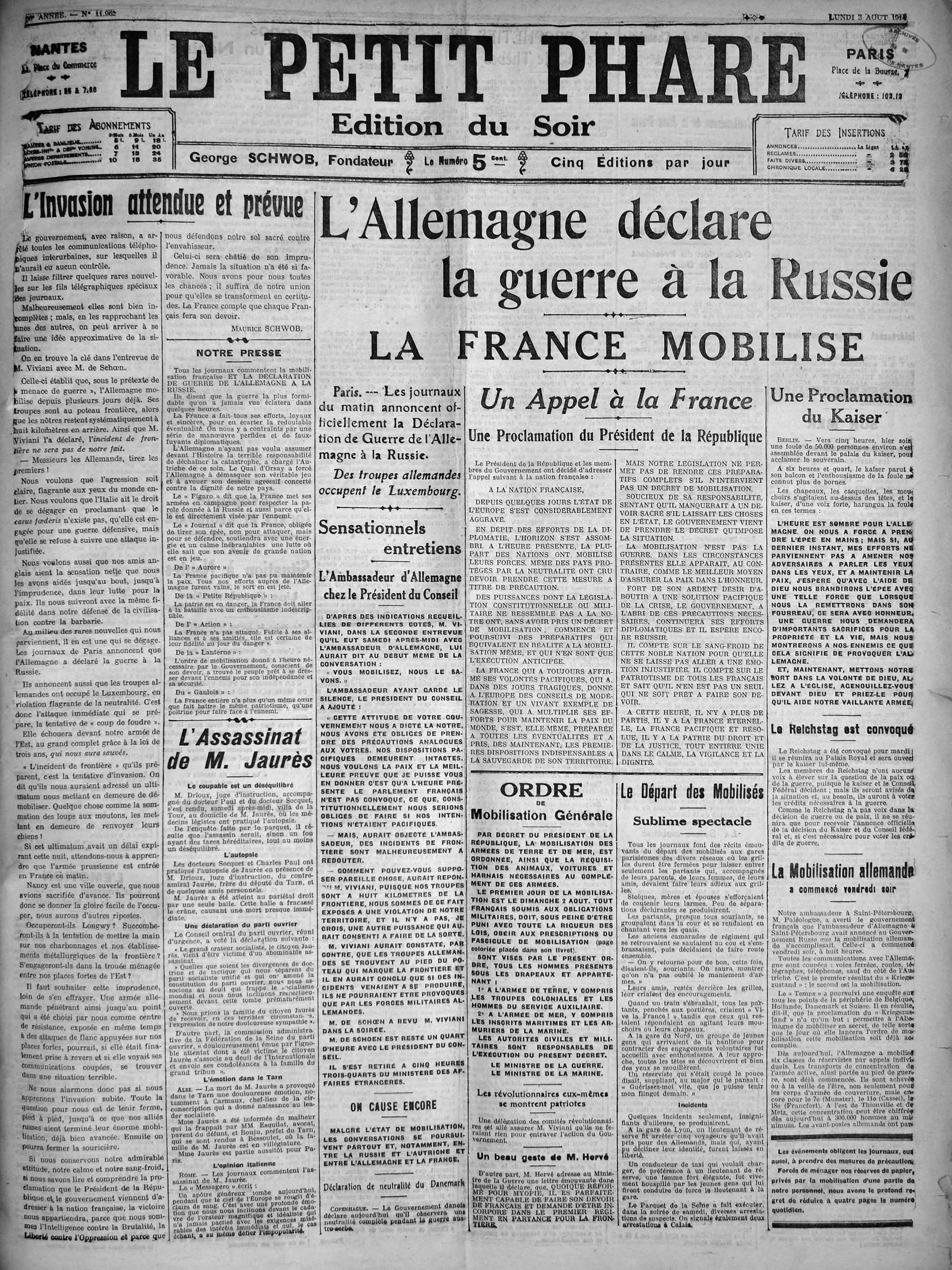 Une du Phare de la Loire le 3 août 1914
