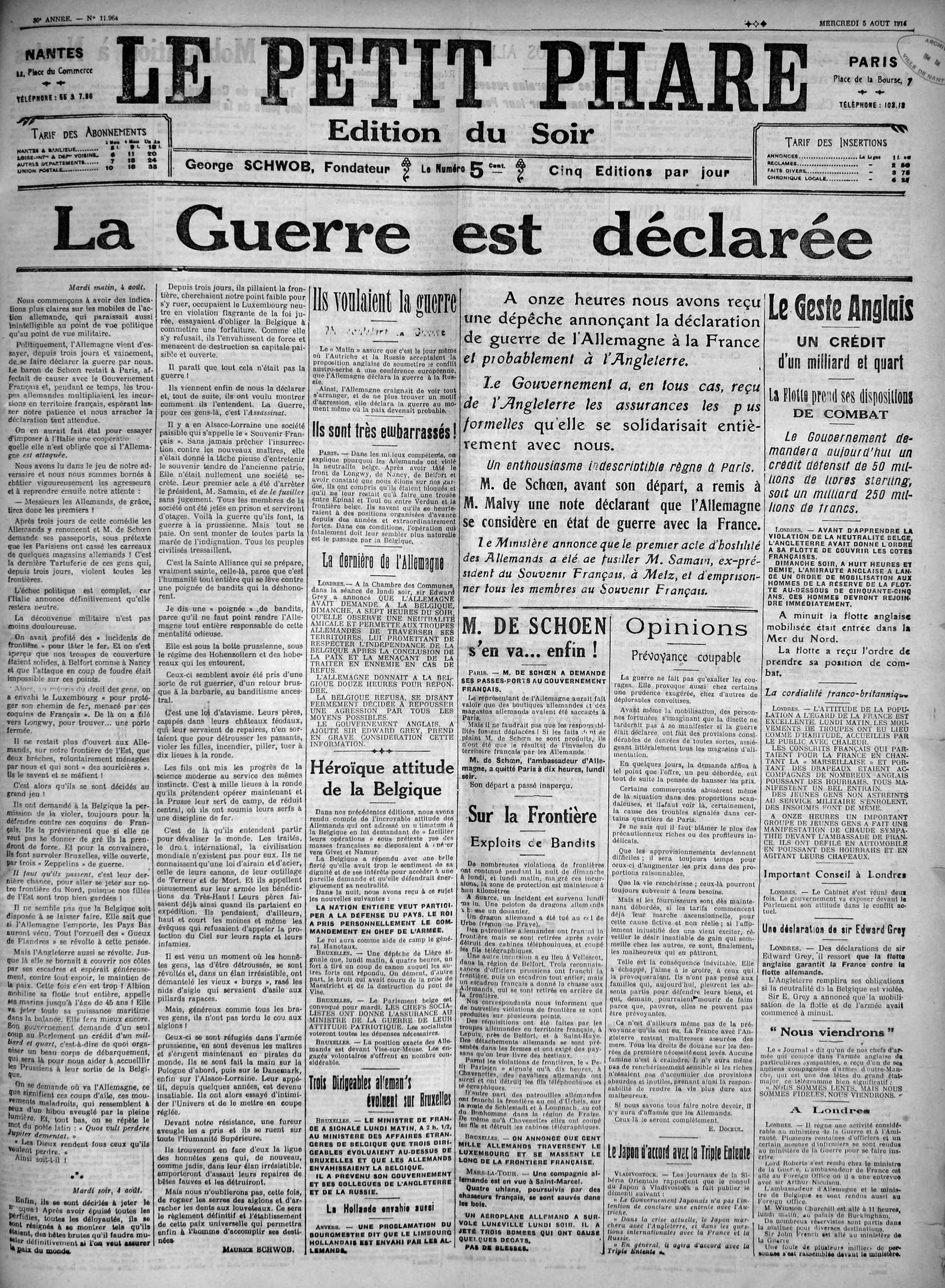 Une du Phare de la Loire le 5 août 1914