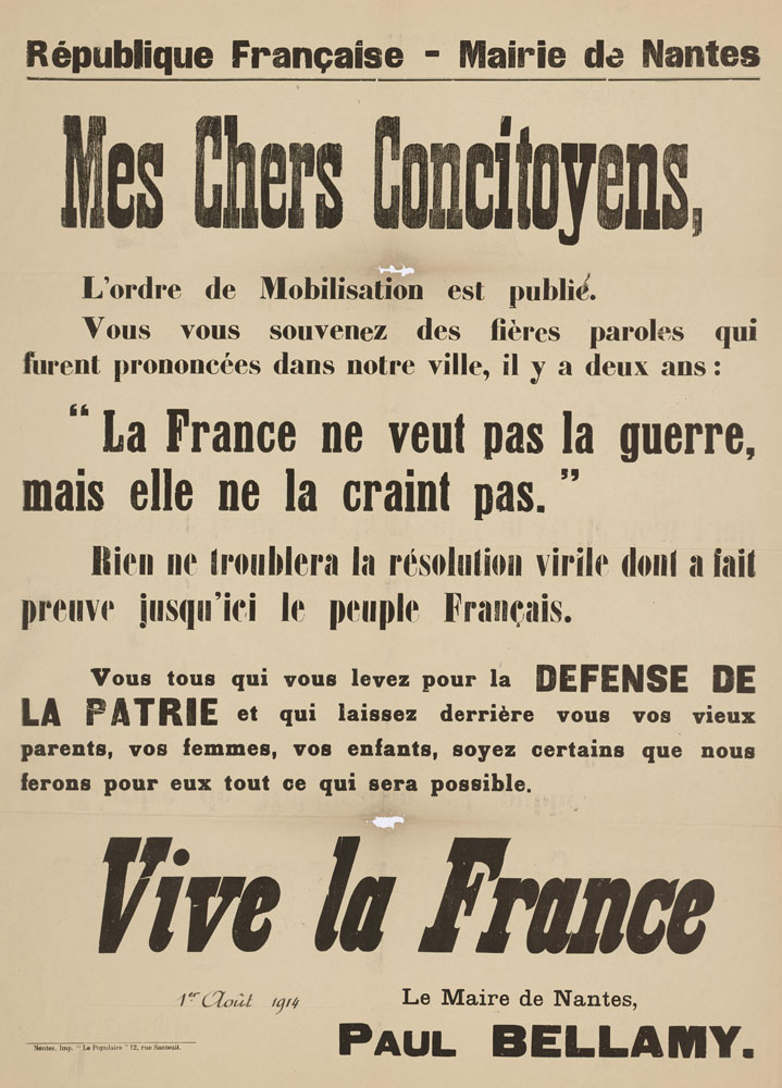  Appel aux Nantais du maire Paul Bellamy face à la mobilisation générale, le 1er août 1914 (6Fi5295)
