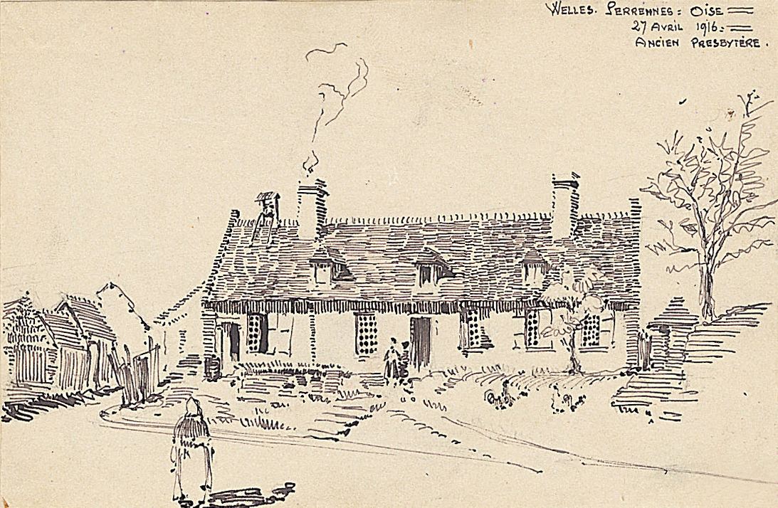 Dessin du presbytère de Welles-Perrennes dans l'Oise, en avril 1916 (12Z88)