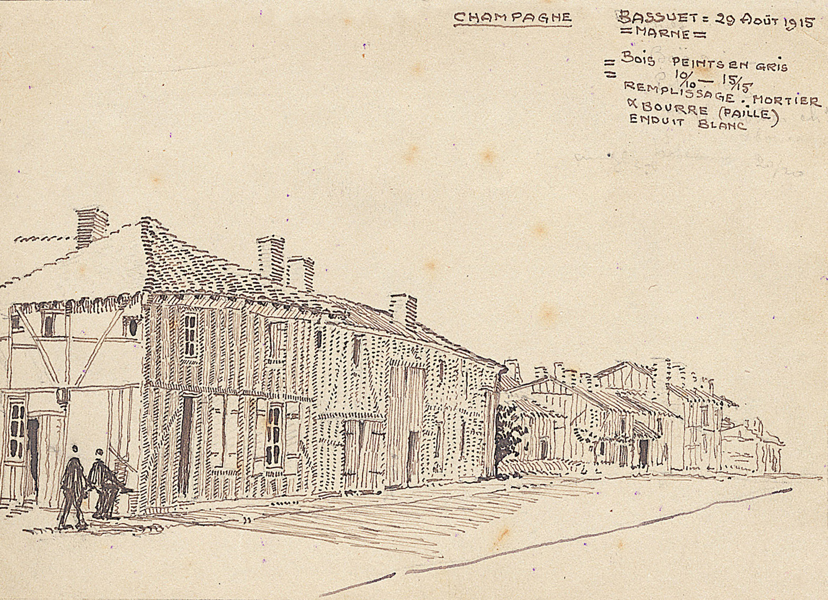 Dessin d'une rue de Bassuet, en Champagne, le 20 août 1915 (12Z88)