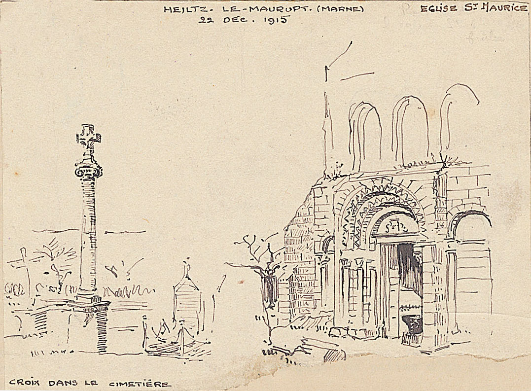 Dessin de l'église de Heiltz-le-Maurupt dans la Marne, 22 décembre 1915 (12Z88)