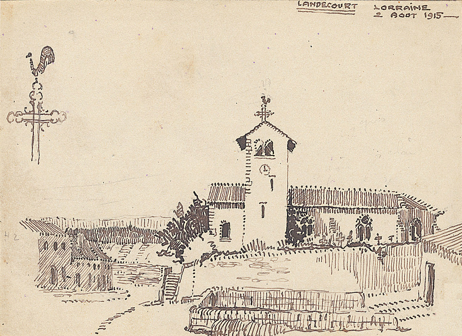 Dessin de l'église de Landécourt, en Lorraine, le 2 août 1915 (12Z88)