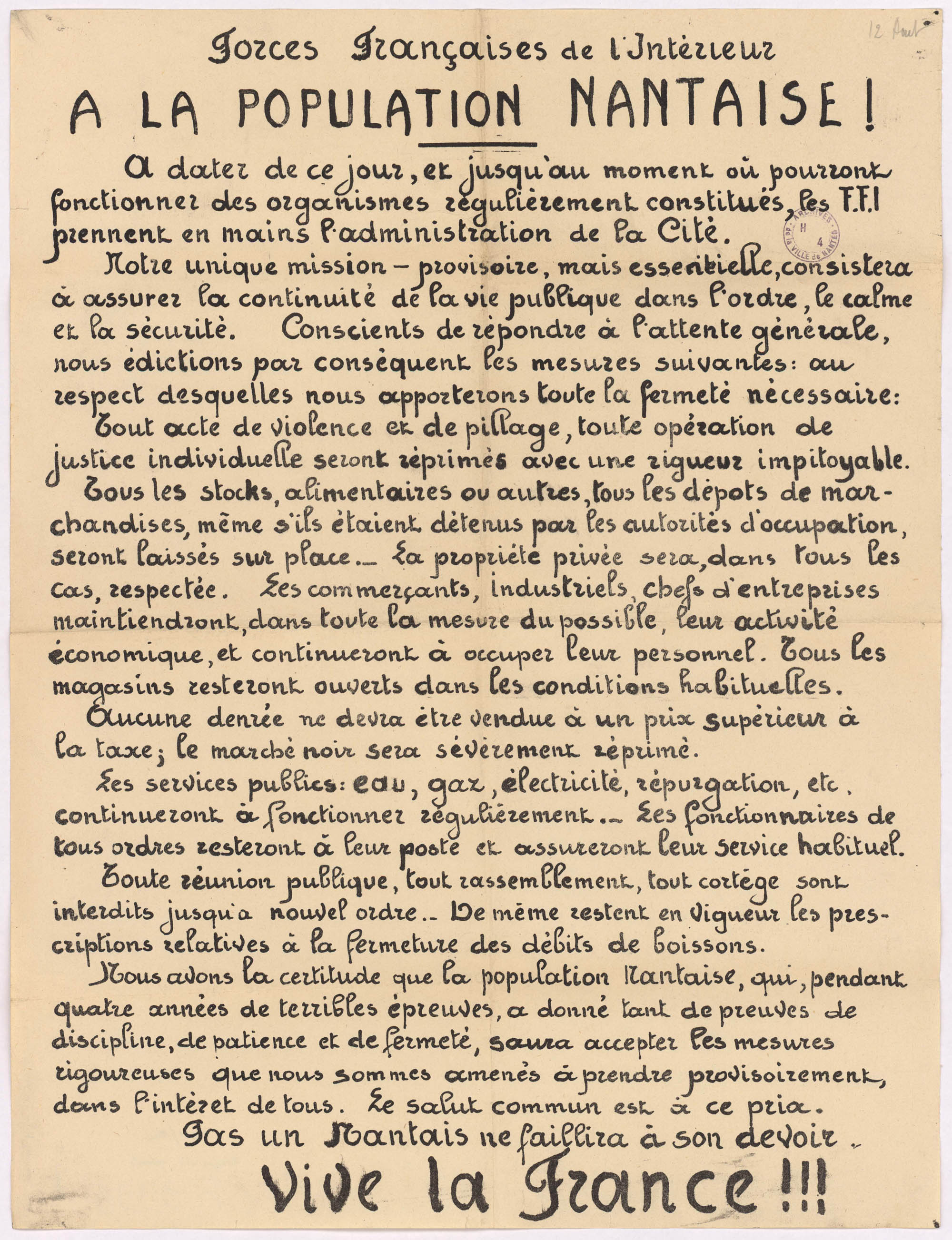 Affiche des Forces Françaises de l'Intérieur à destination des Nantais, diffusée le 12 août 1944 (6Fi3996)