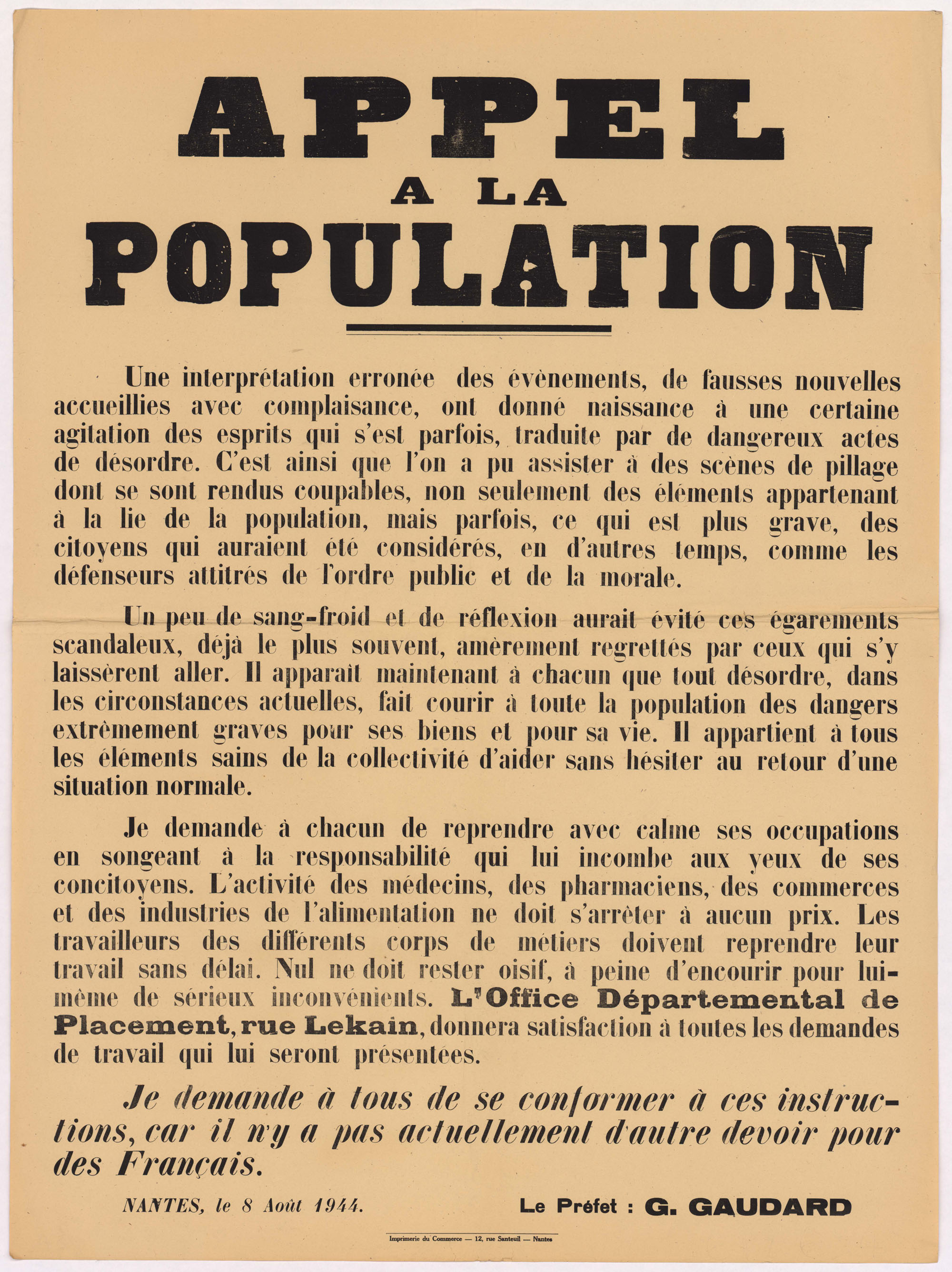 Appel à la population suite aux scènes de pillage, le 8 août 1944 (6Fi6945)