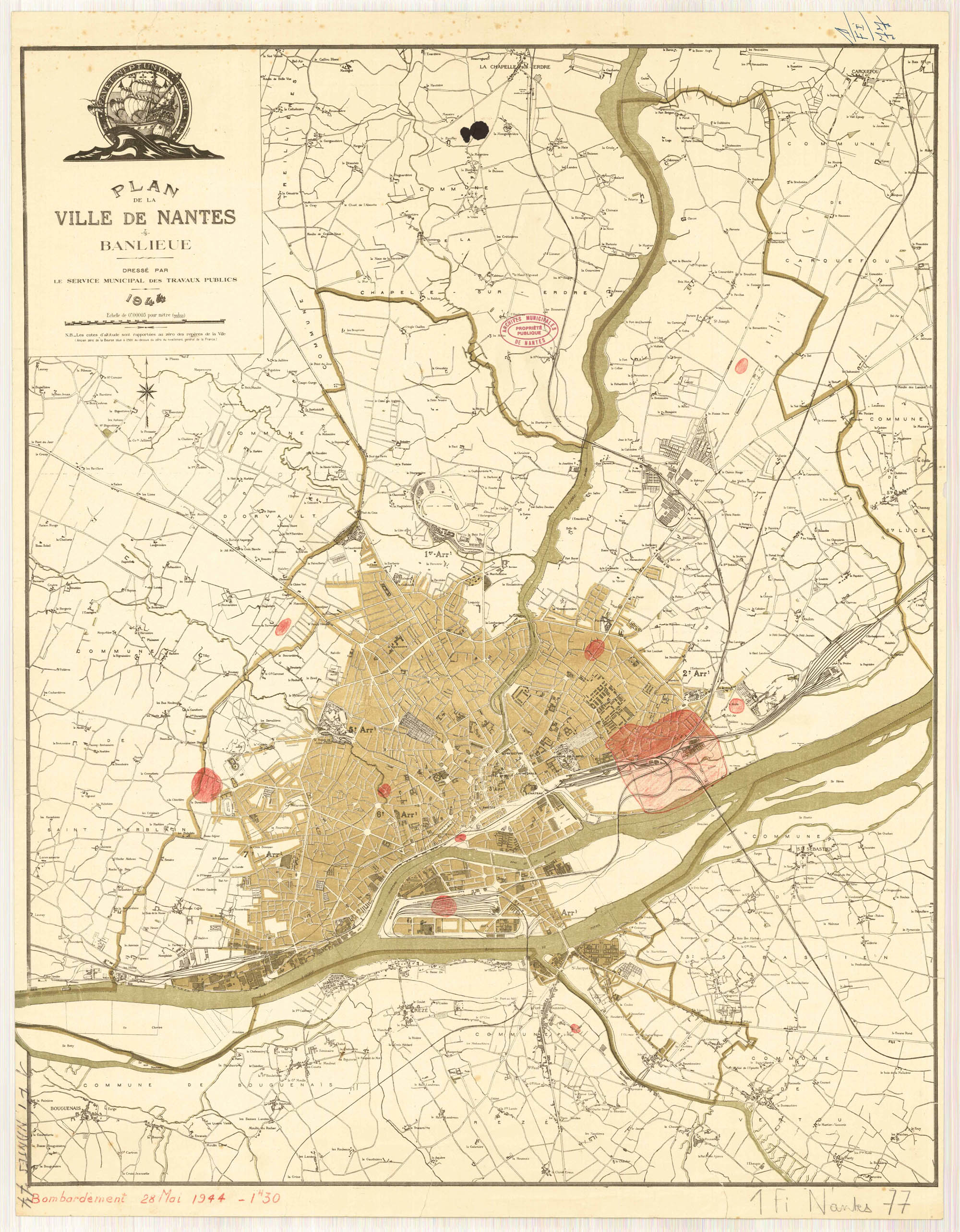 Plan de Nantes et de ses environs suite au bombardement du 28 mai 1944 (1Fi77)