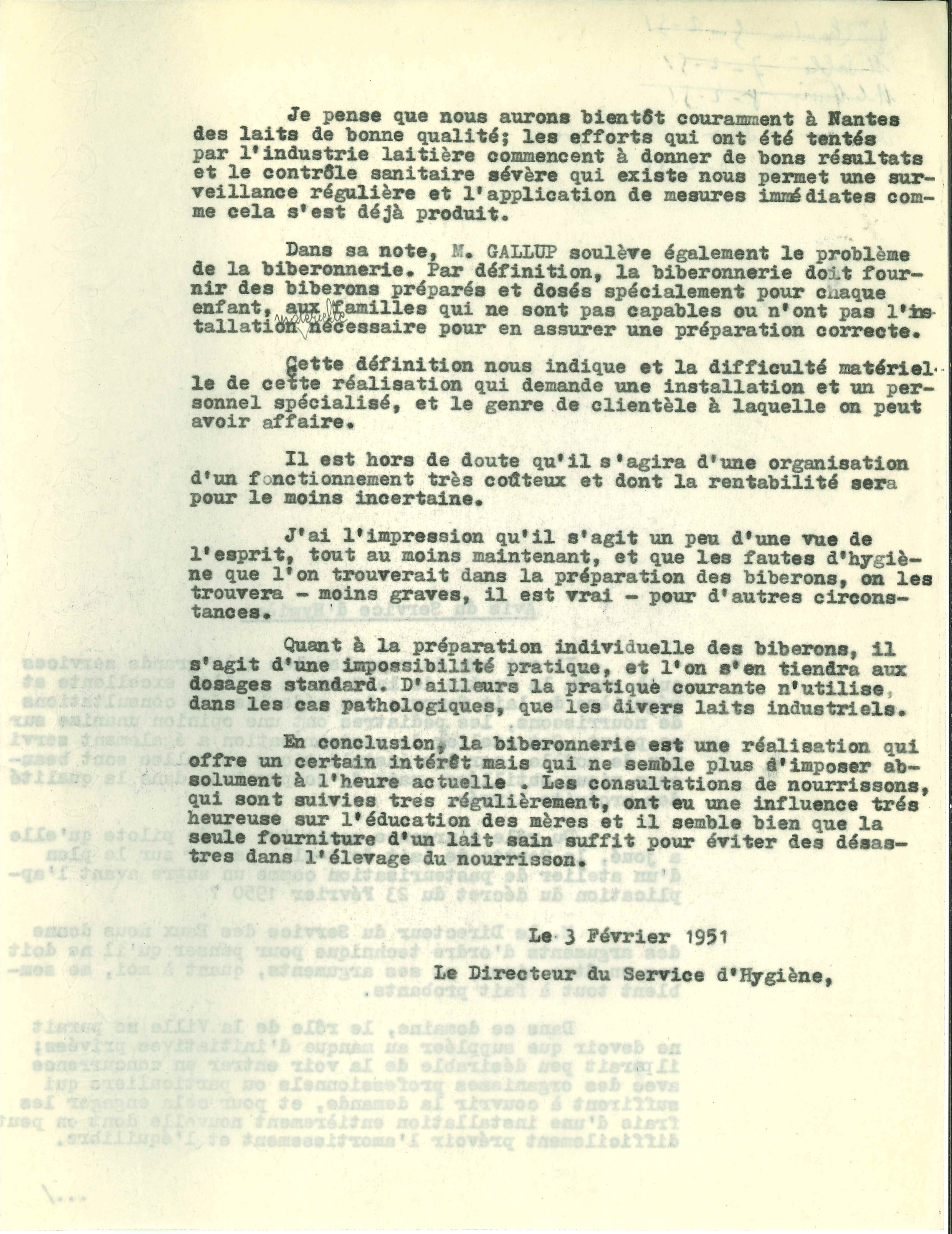 Avis émis en 1951 par le Service d'hygiène de la Ville sur la fermeture de la Goutte de Lait, verso (1257W15)