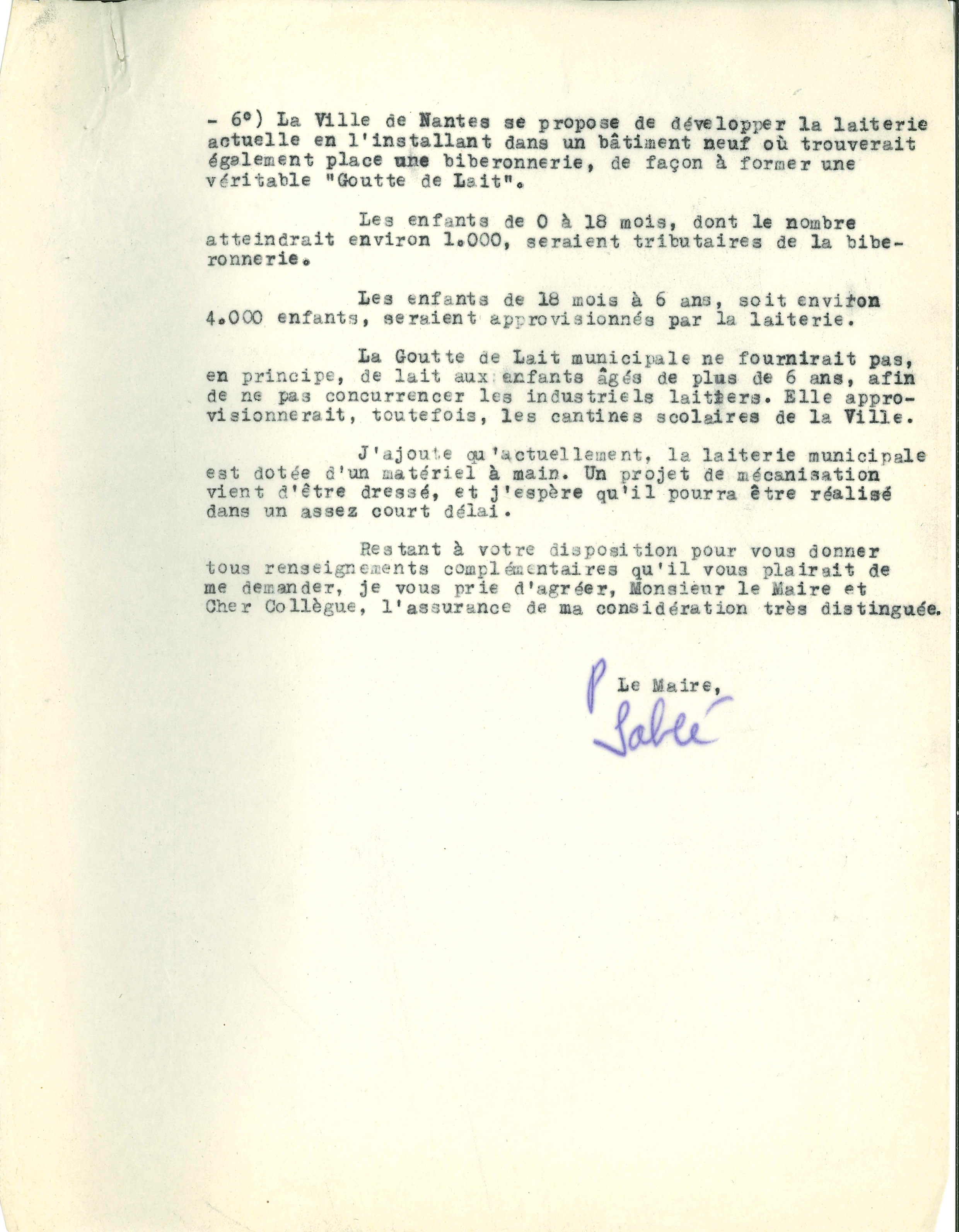Lettre du maire de Nantes au maire de Bordeaux au sujet de la centrale laitière de la Goutte de Lait du Don Suisse en 1949, verso (1257W15)