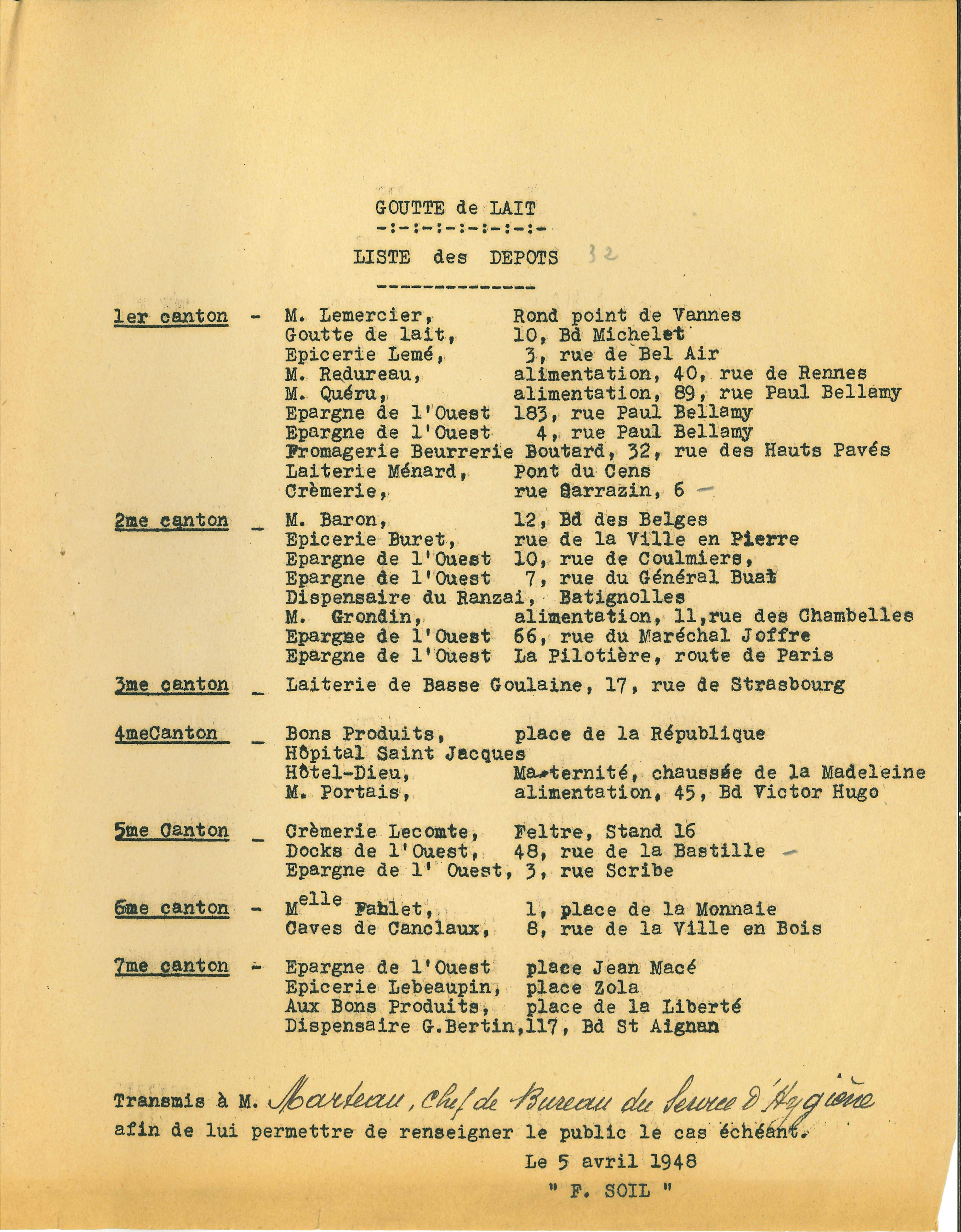 Liste des dépôts approvisionnés par la centrale laitière de la Goutte de Lait du Don Suisse en 1948 (1257W15)