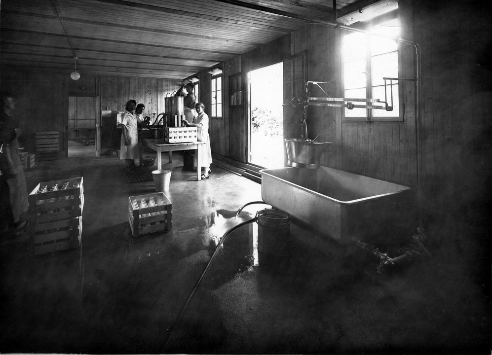 Salle de mise en bouteille du lait à la centrale laitière de la Goutte de Lait du Don Suisse, en mai 1946 (28Fi3034)