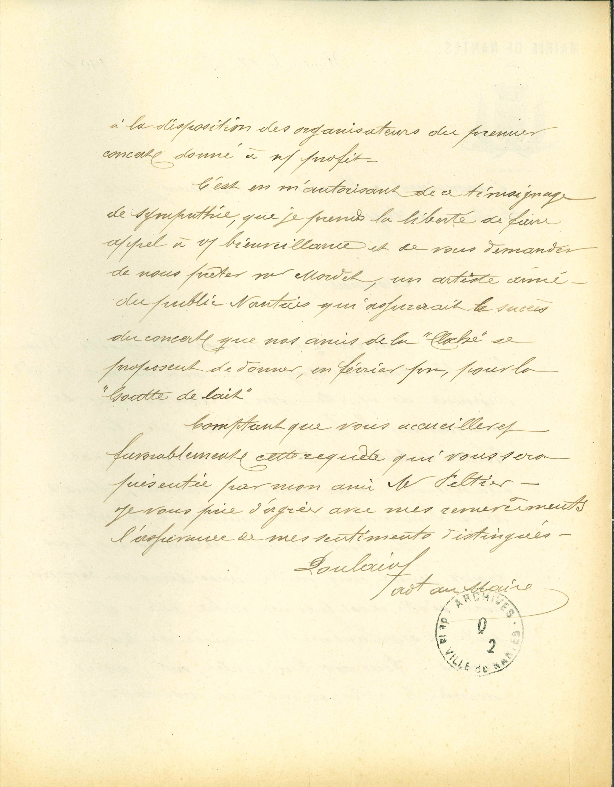 Lettre d'Alfred Poulain sollicitant le concours d'un chanteur à M. Martini, directeur du théâtre d'Angers, en 1901, verso (Q2C3D11)