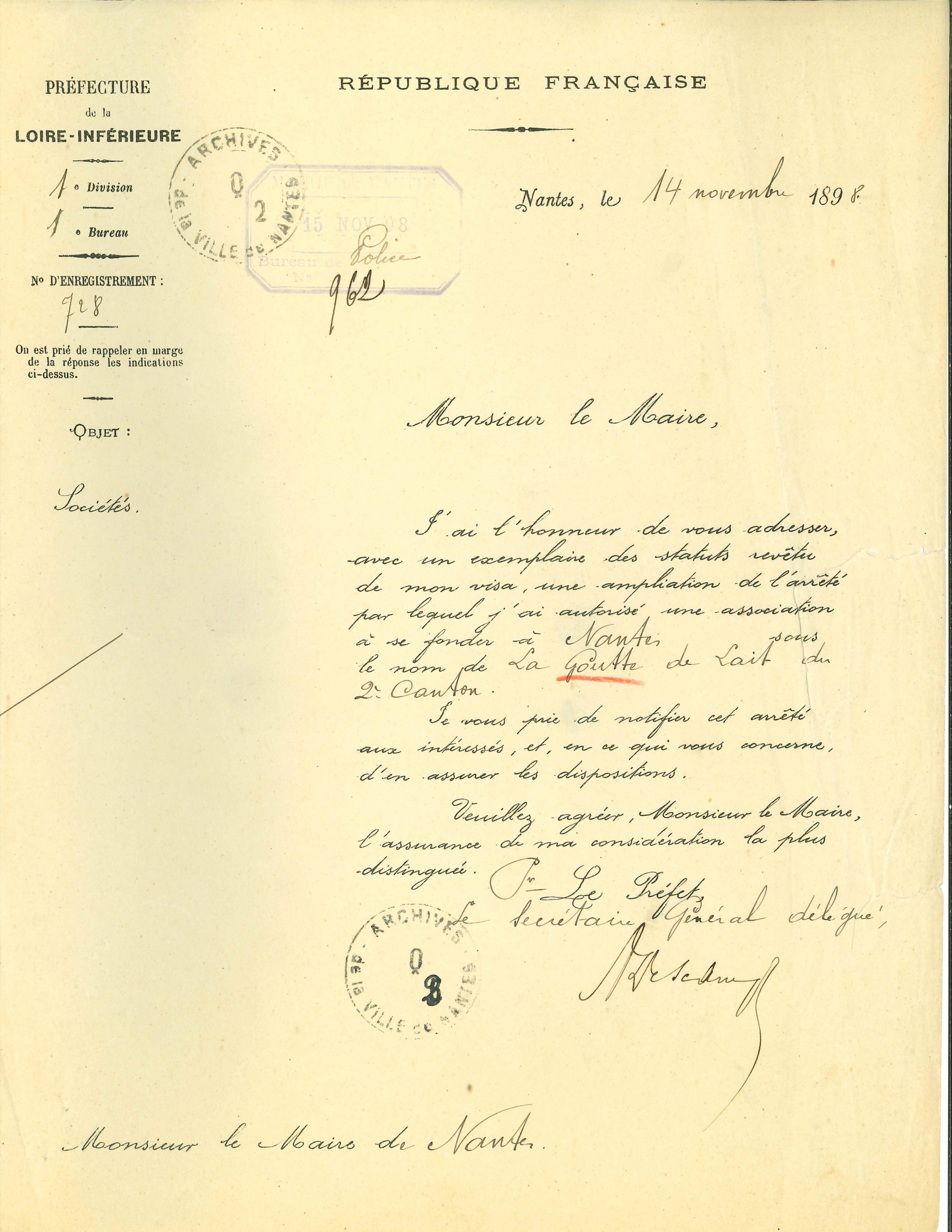La préfecture autorise la création de la Goutte de Lait, le 14 novembre 1898 (Q2C3D11)