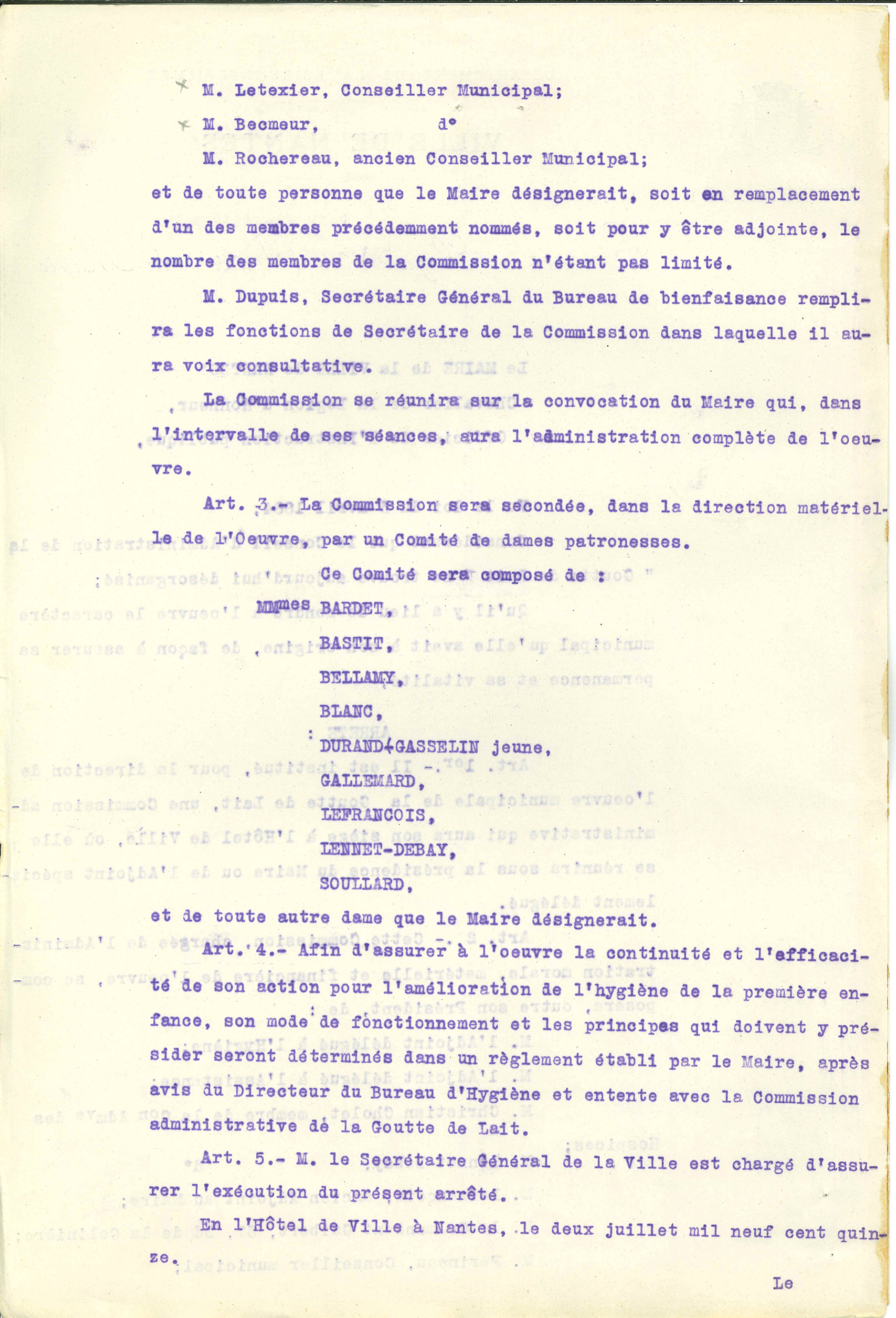 Arrêté du maire instituant une commission administrative pour la direction de la Goutte de Lait, le 2 juillet 1915 (Q5C12D20)