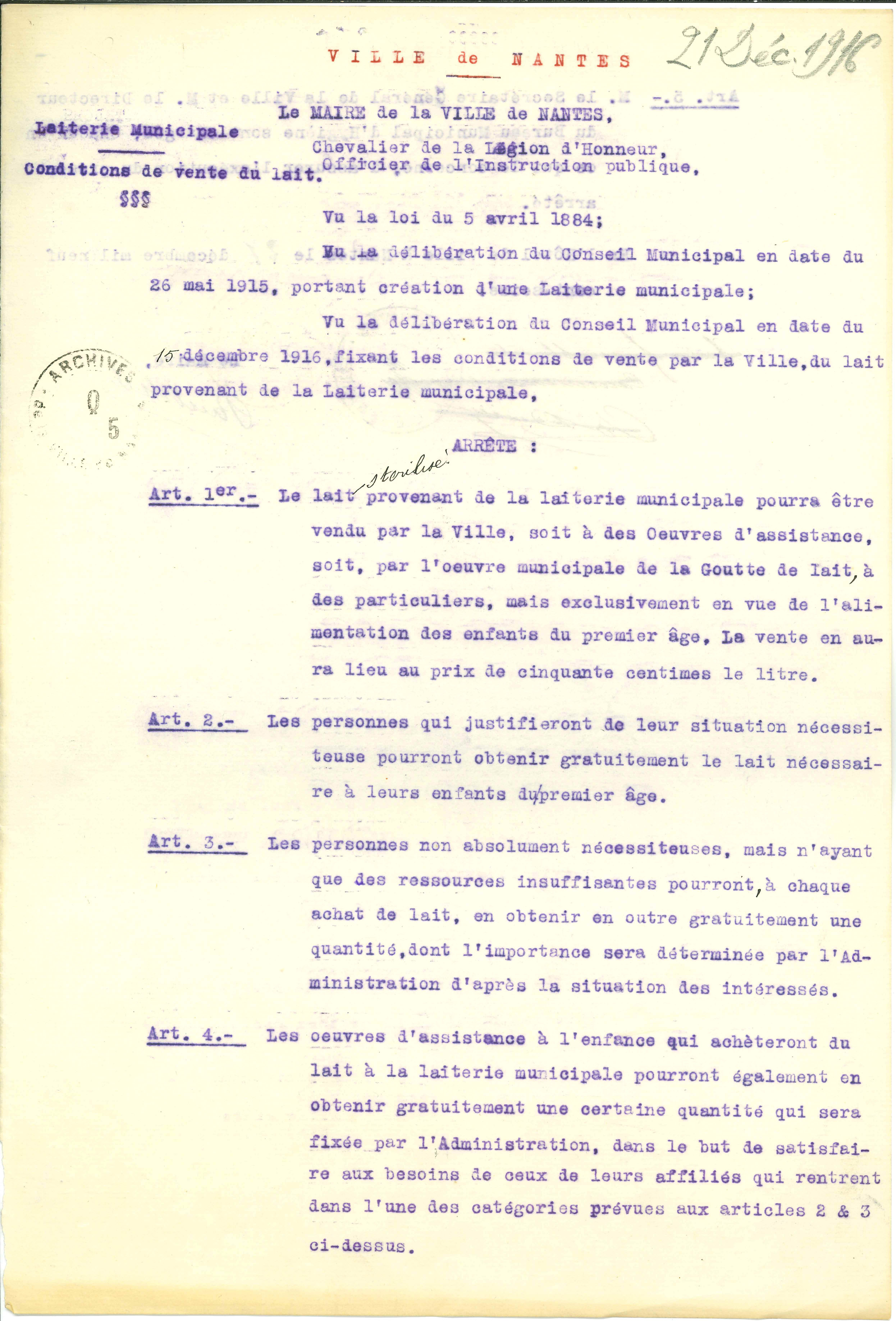 Arrêté du 21 décembre 1916 fixant les conditions de vente du lait de la laiterie municipale (Q5C12D20)