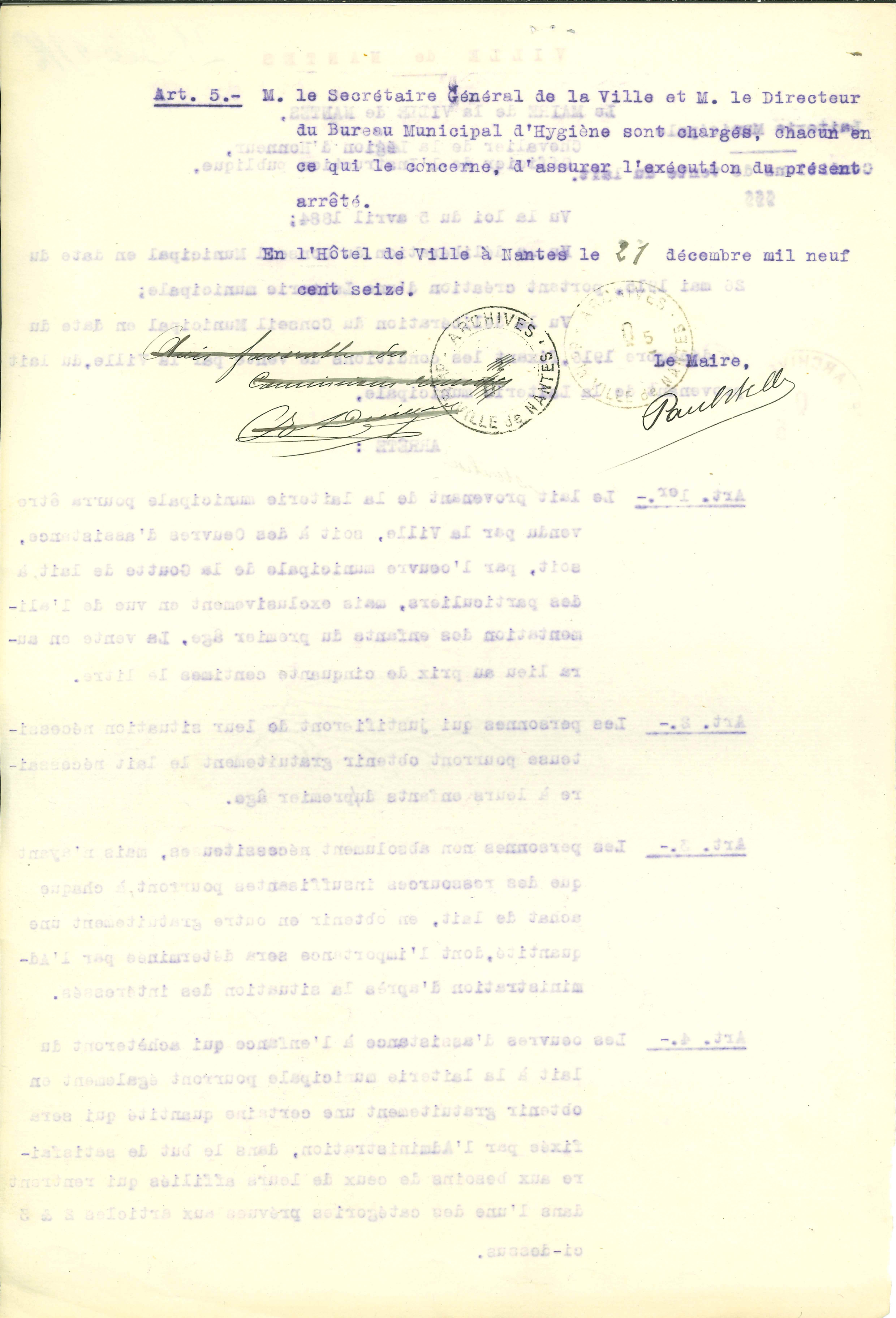 Arrêté du 21 décembre 1916 fixant les conditions de vente du lait de la laiterie municipale (Q5C12D20)