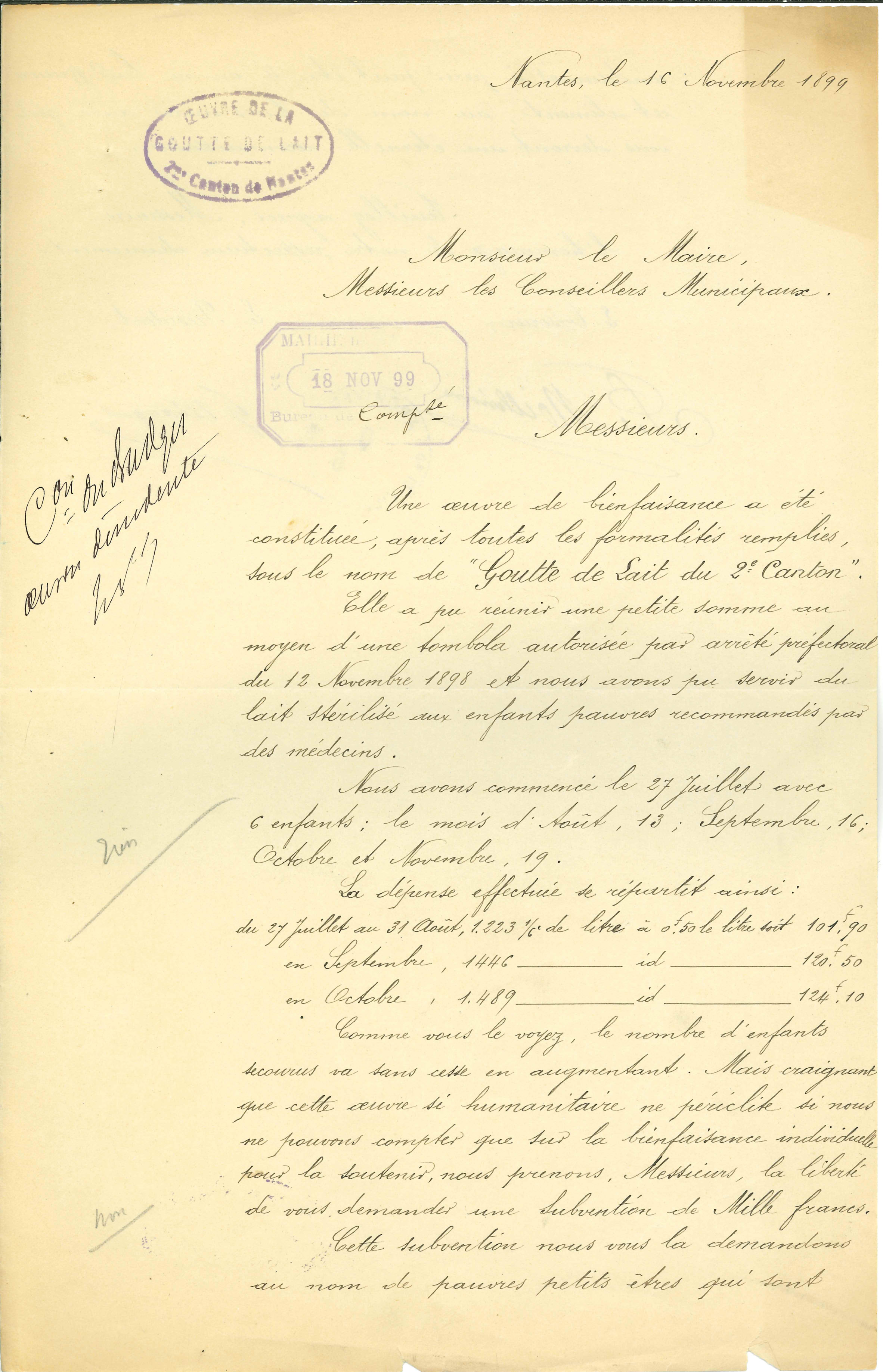 Lettre des membres de la Goutte de Lait au maire de Nantes, le 16 novembre 1899, recto (Q5C12D20)