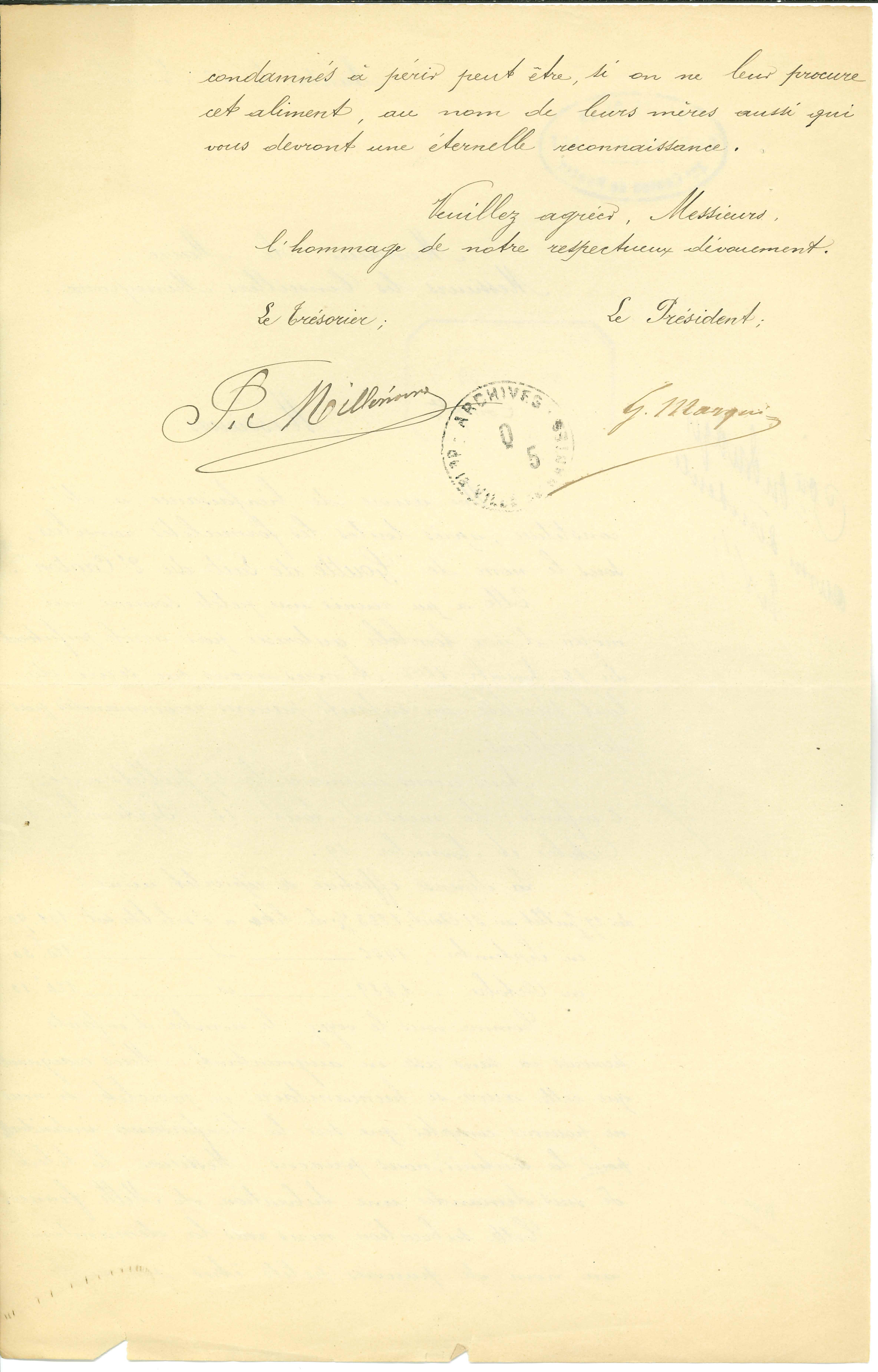 Lettre des membres de la Goutte de Lait au maire de Nantes, le 16 novembre 1899, verso (Q5C12D20)