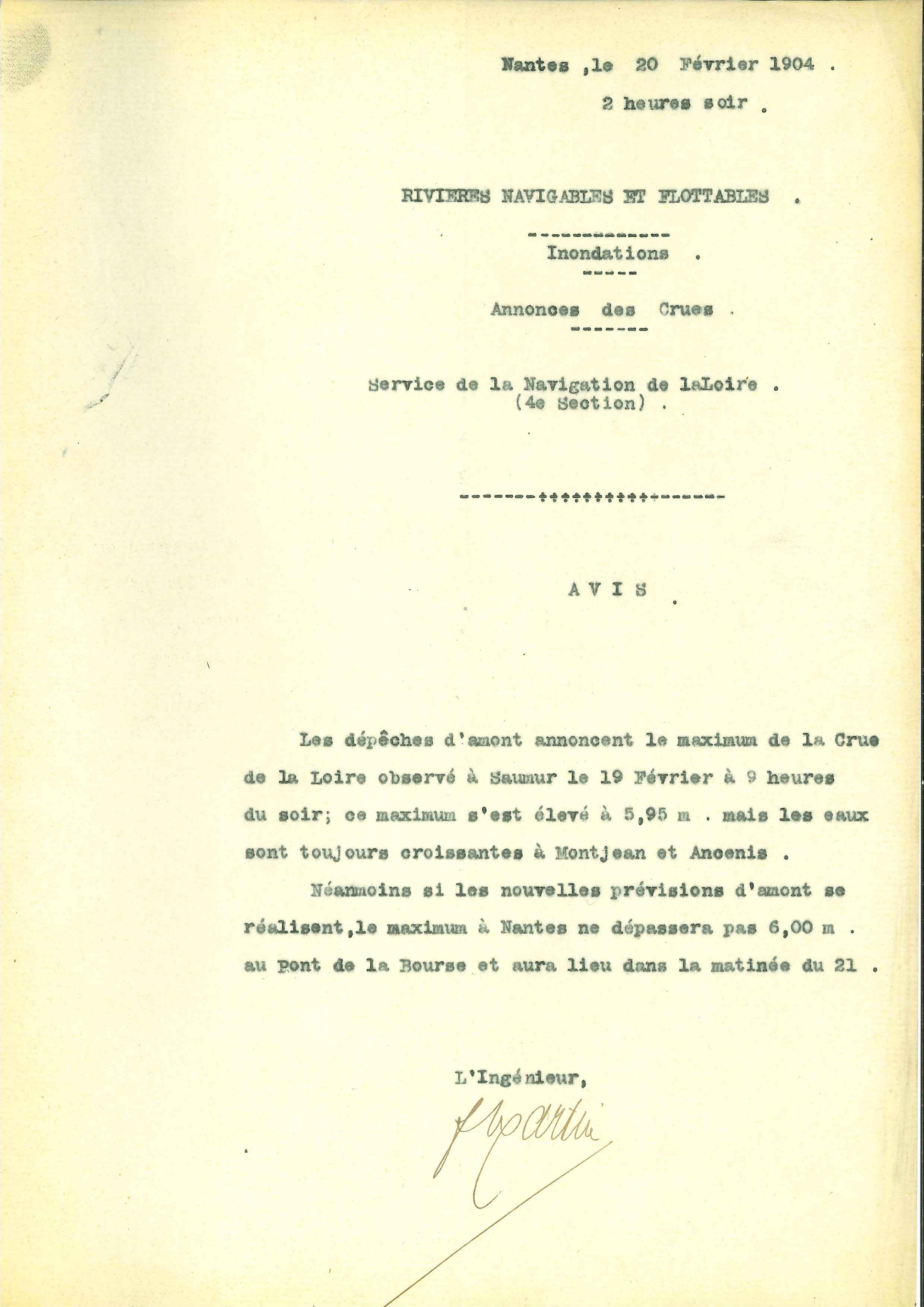 Annonce du maximum de la crue à Nantes par le service de la navigation de la Loire, datée du 20 février 1904 (1298W12)