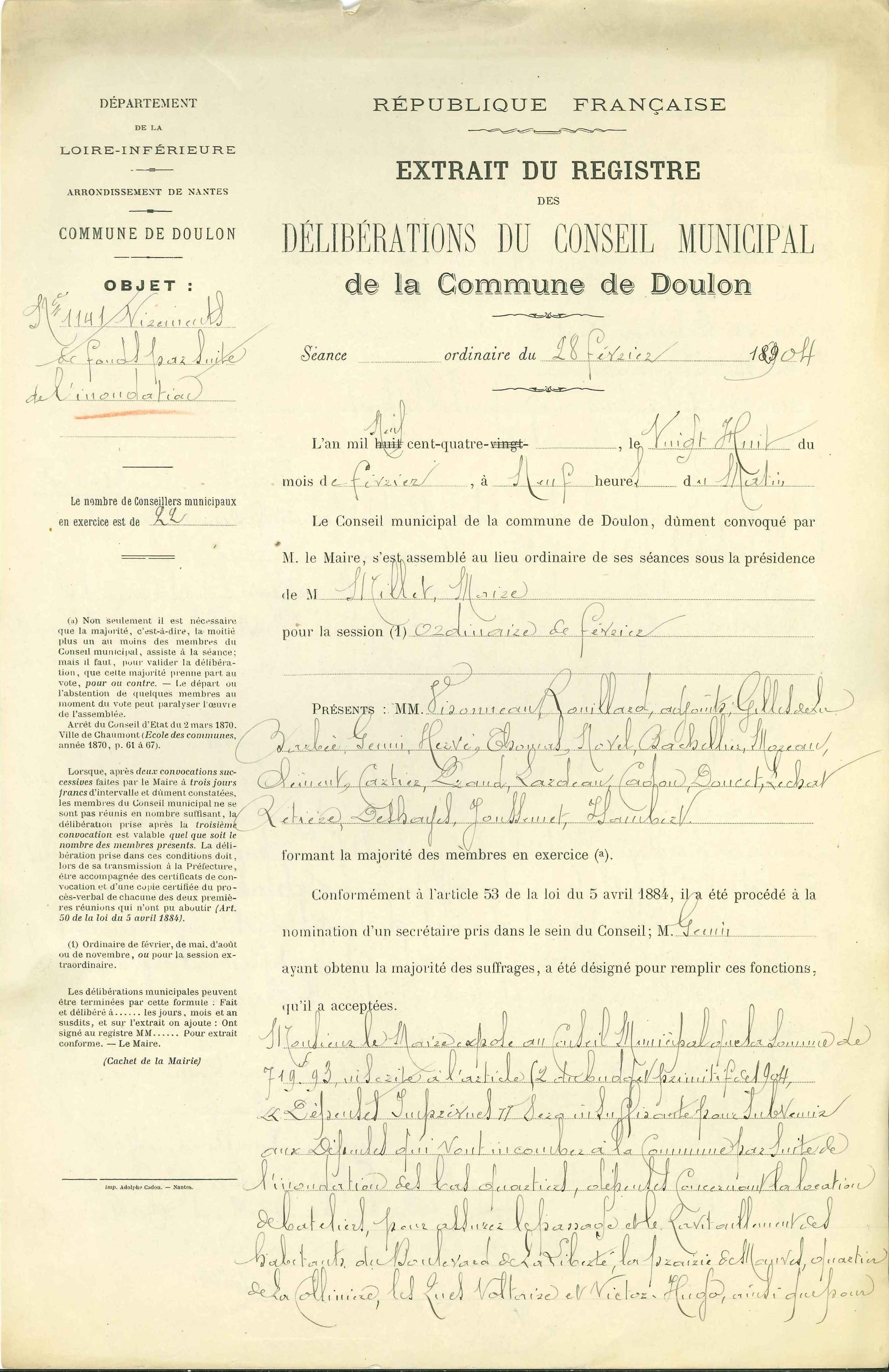 Extrait du registre des délibérations du conseil municipal de la mairie de Doulon, séance du 28 février 1904 (3Z280)