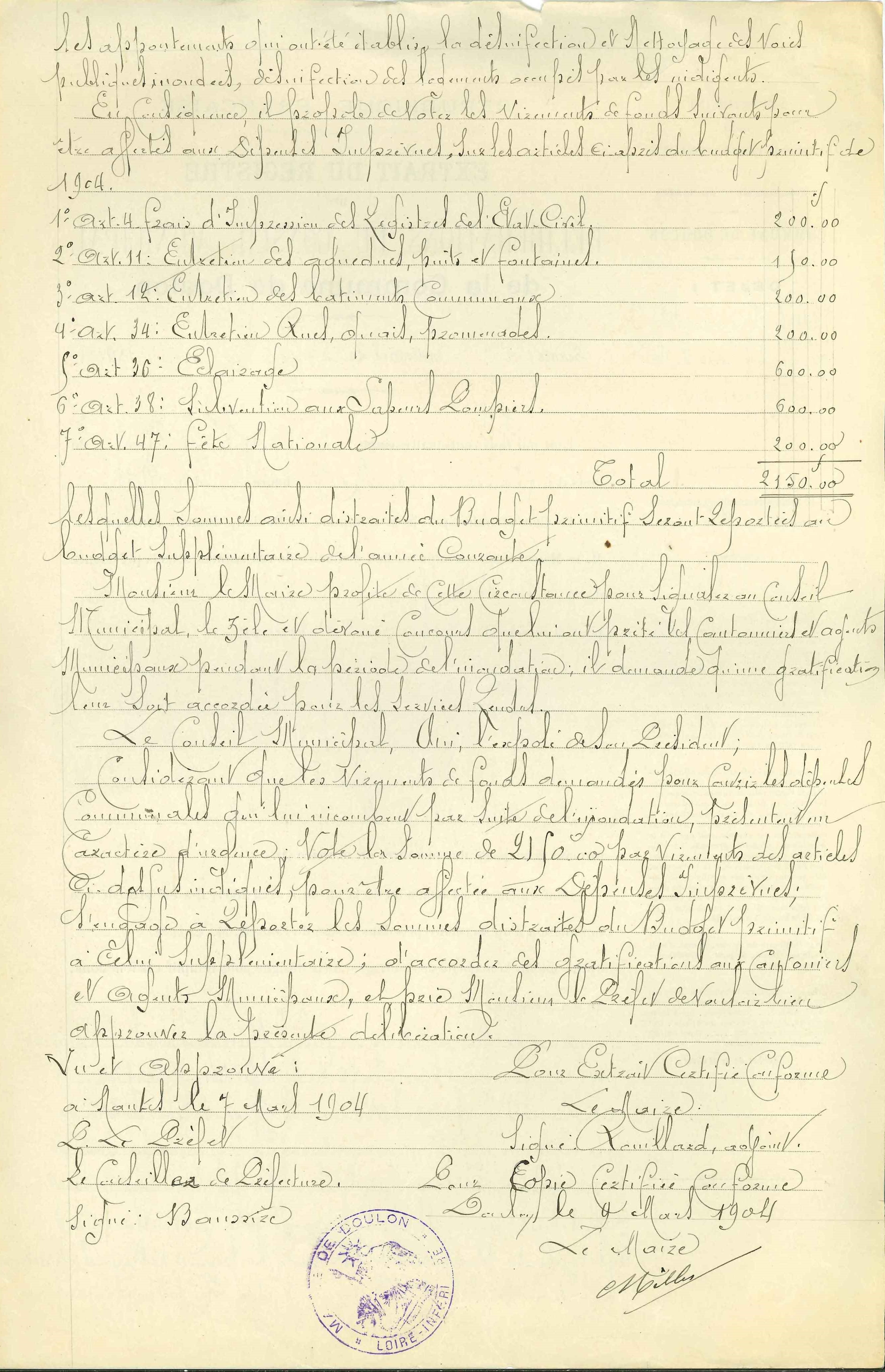 Extrait du registre des délibérations du conseil municipal de la mairie de Doulon, séance du 28 février 1904 (3Z280)