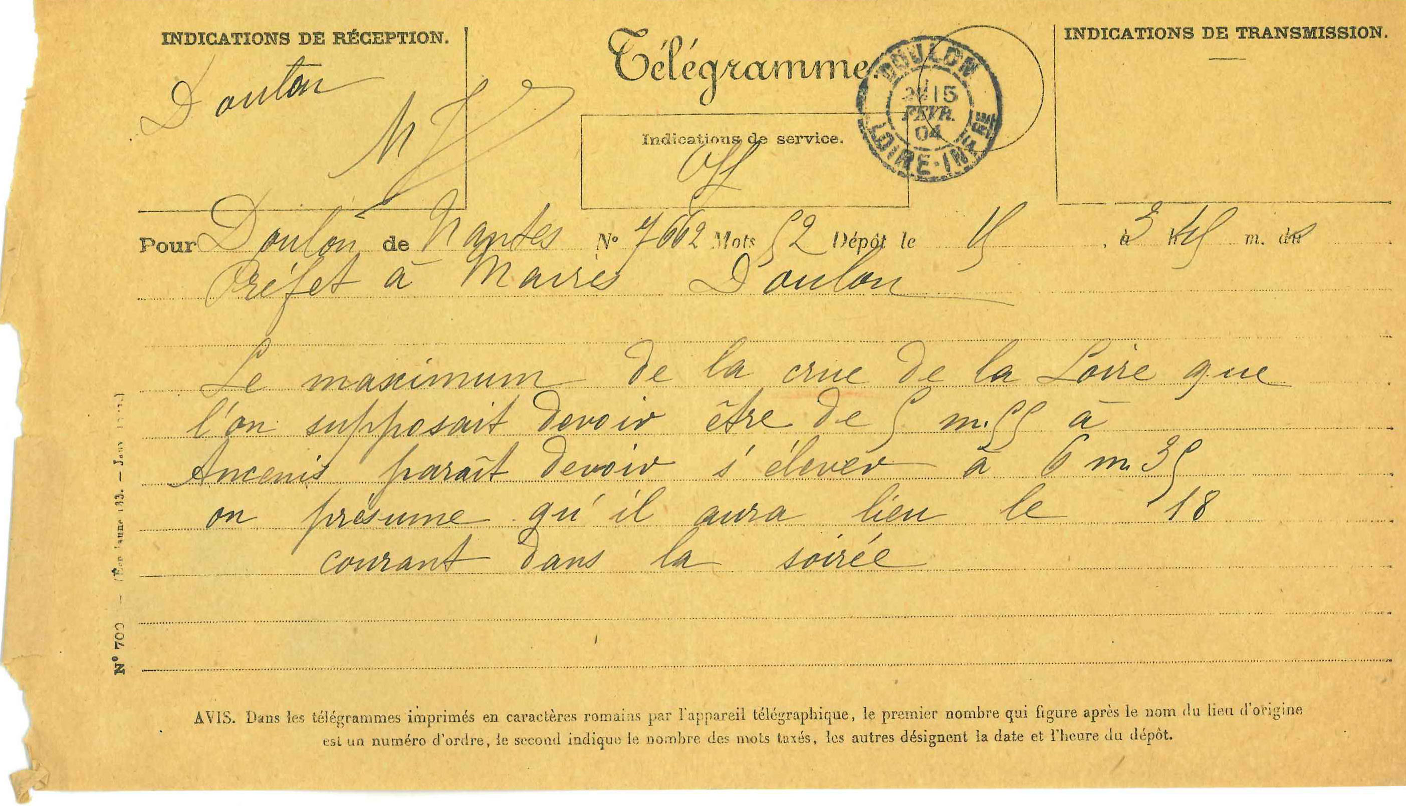 Télégramme du préfet adressé au maire de Doulon le 15 février 1905, au sujet de la crue de la Loire (3Z280)