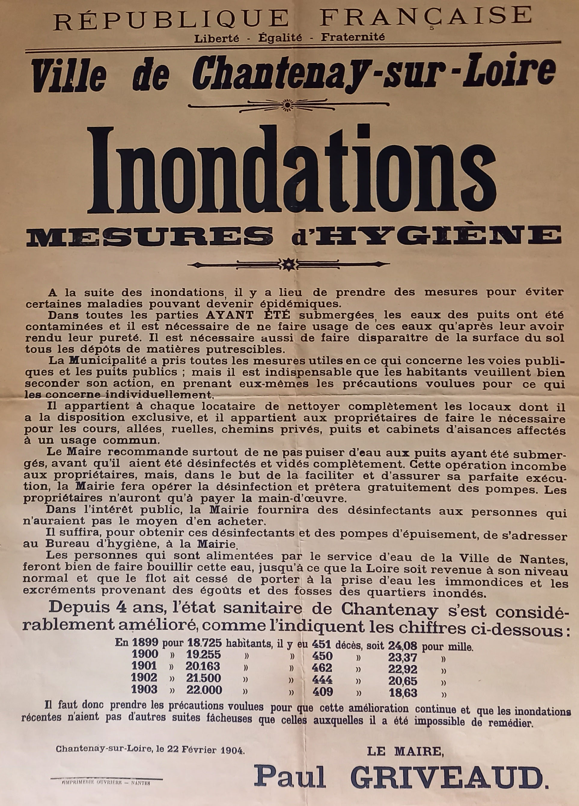 Affiche relative aux mesures d'hygiène à prendre suite aux inondations, établie par le maire de Chantenay (6Fi5186)