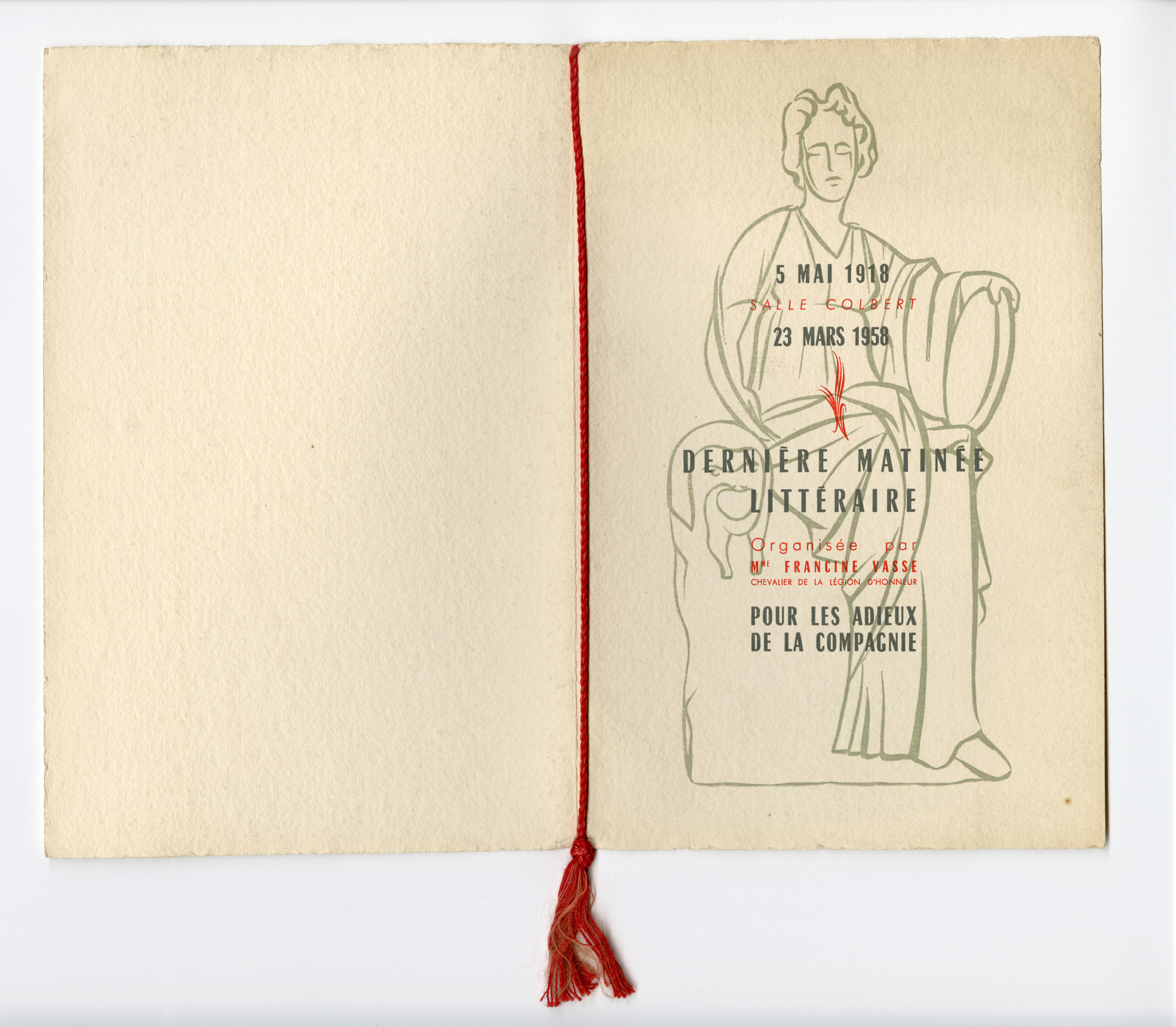 Programme de la salle Colbert pour les adieux de la Compagnie du Théâtre Vasse le 23 mars 1958 (199Z1)