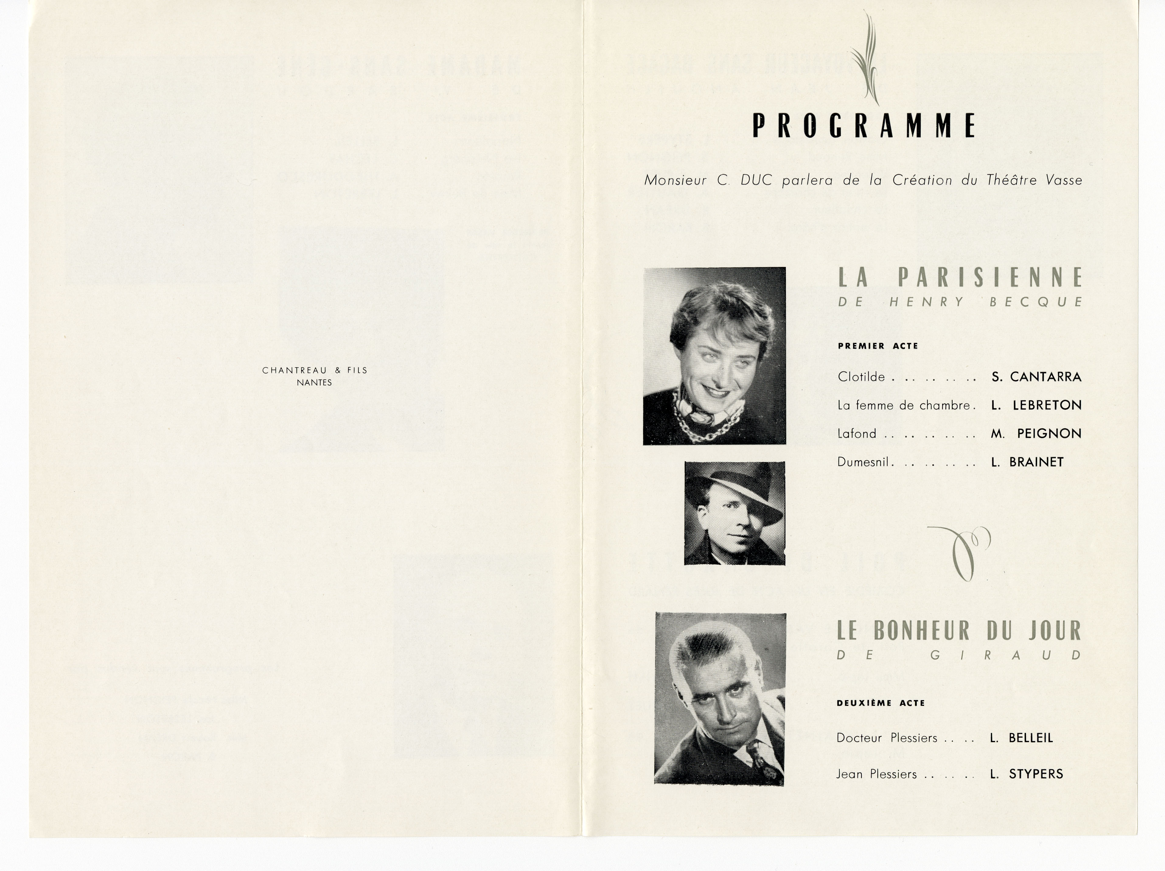 Programme de la salle Colbert pour les adieux de la Compagnie du Théâtre Vasse le 23 mars 1958 (199Z1)