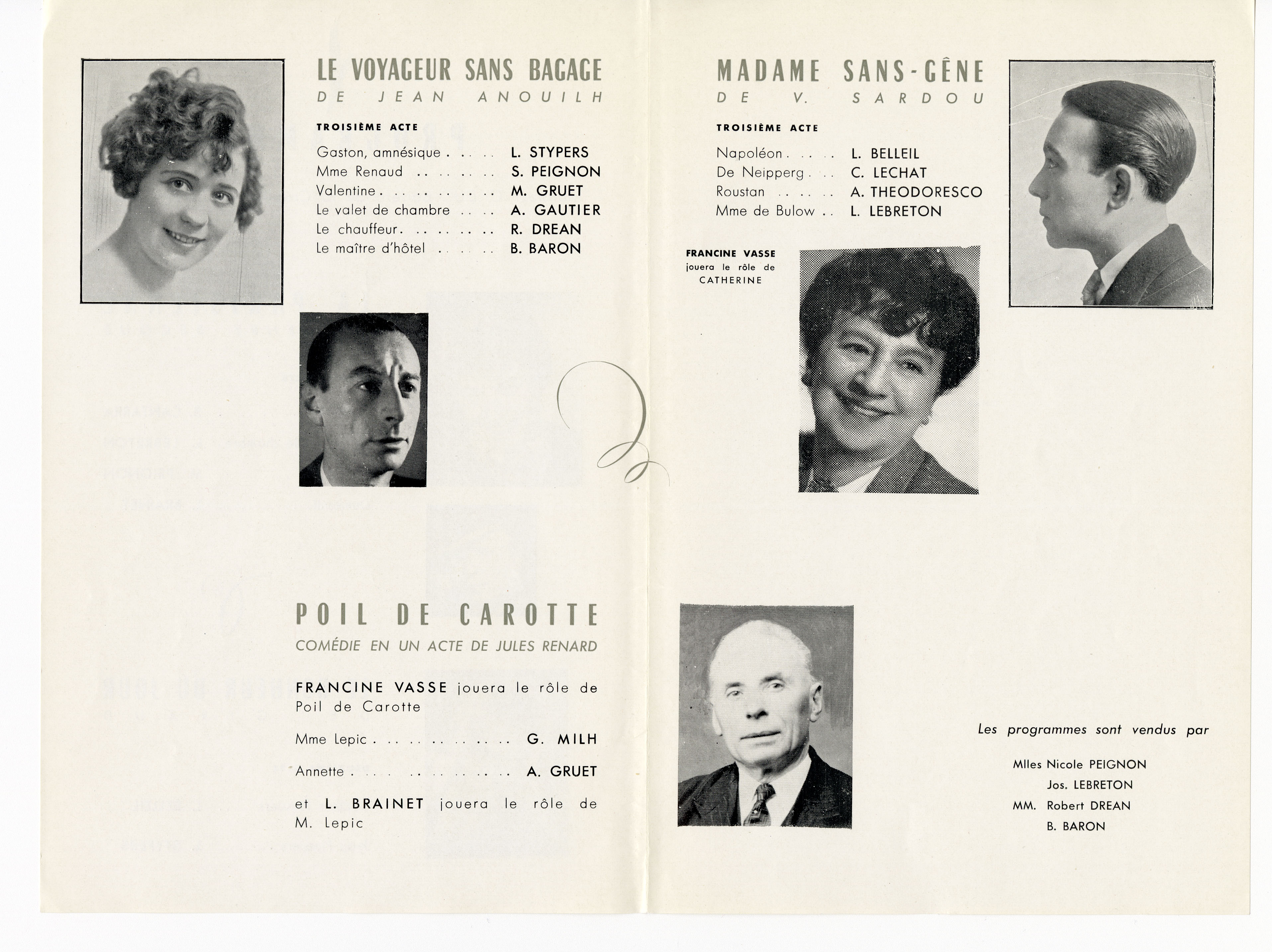 Programme de la salle Colbert pour les adieux de la Compagnie du Théâtre Vasse le 23 mars 1958 (199Z1)