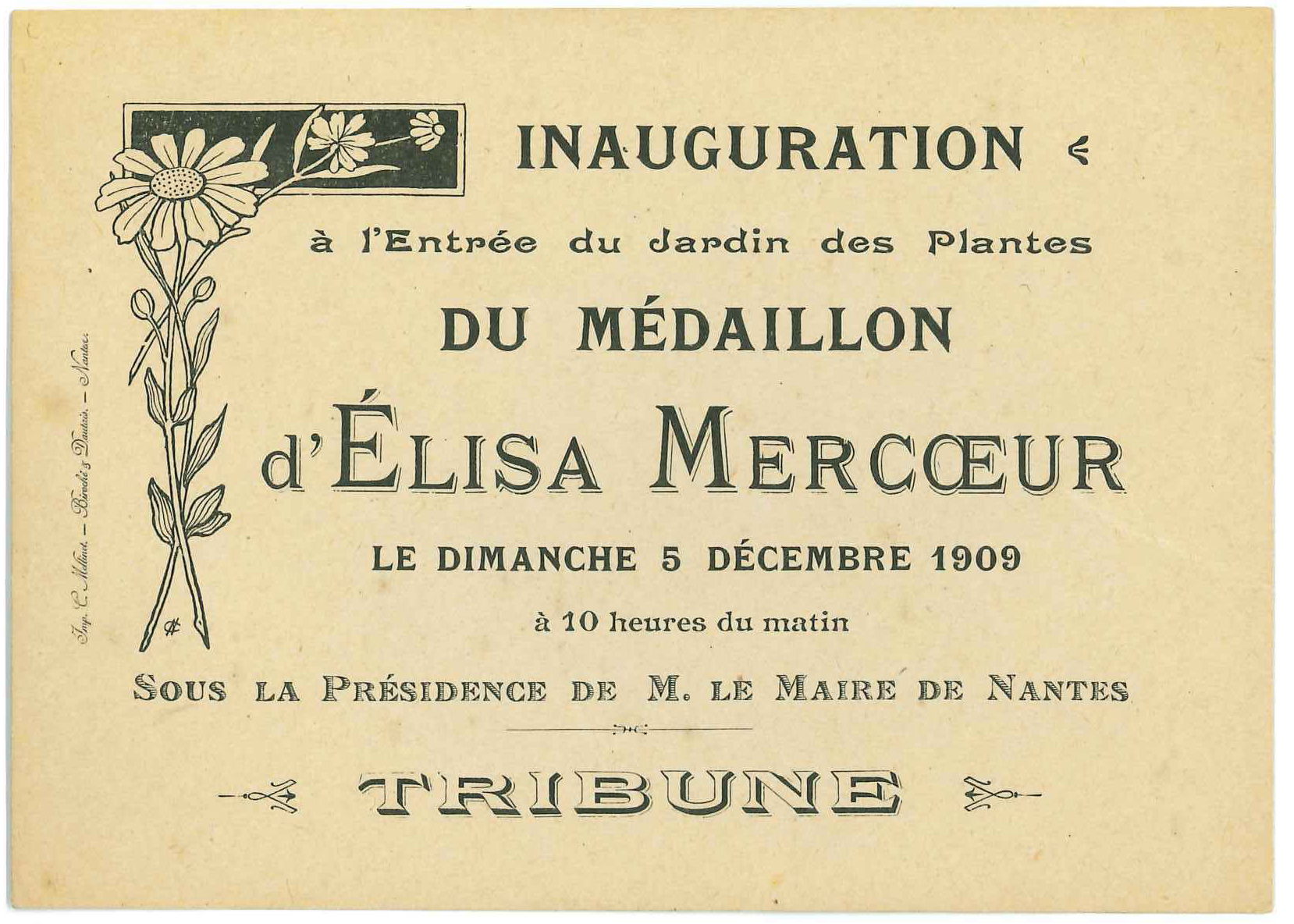 Invitation pour l'inauguration du médaillon d'Élisa Mercoeur au Jardin des plantes, décembre 1909 (1M1126)