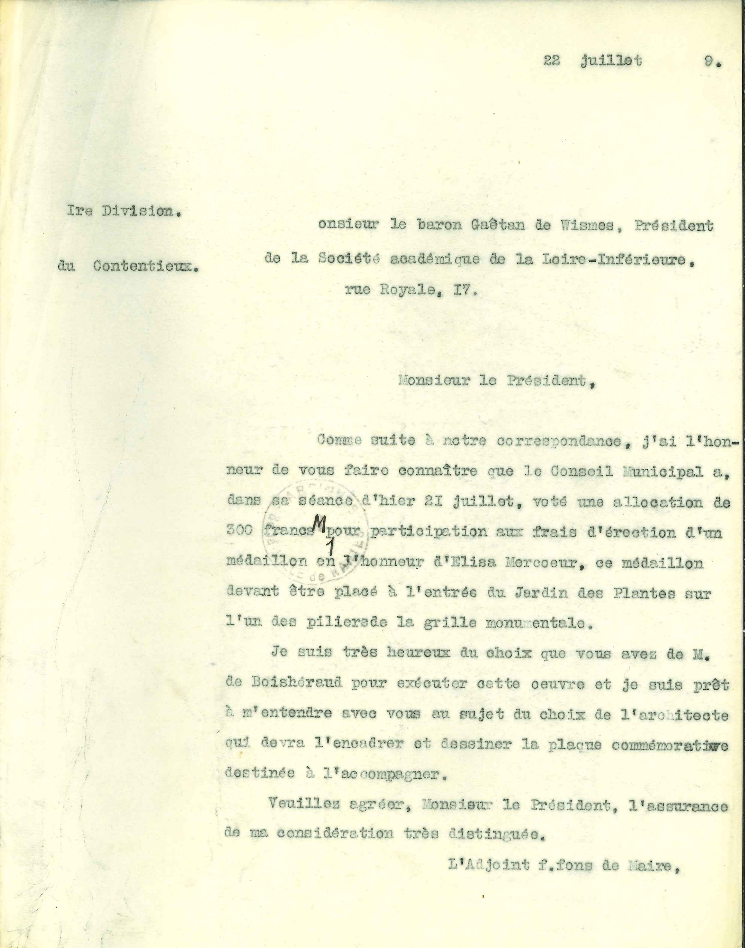 Courrier de la Municipalité adressé à la Société académique de la Loire-Inférieure, juillet 1909 (1M1126)