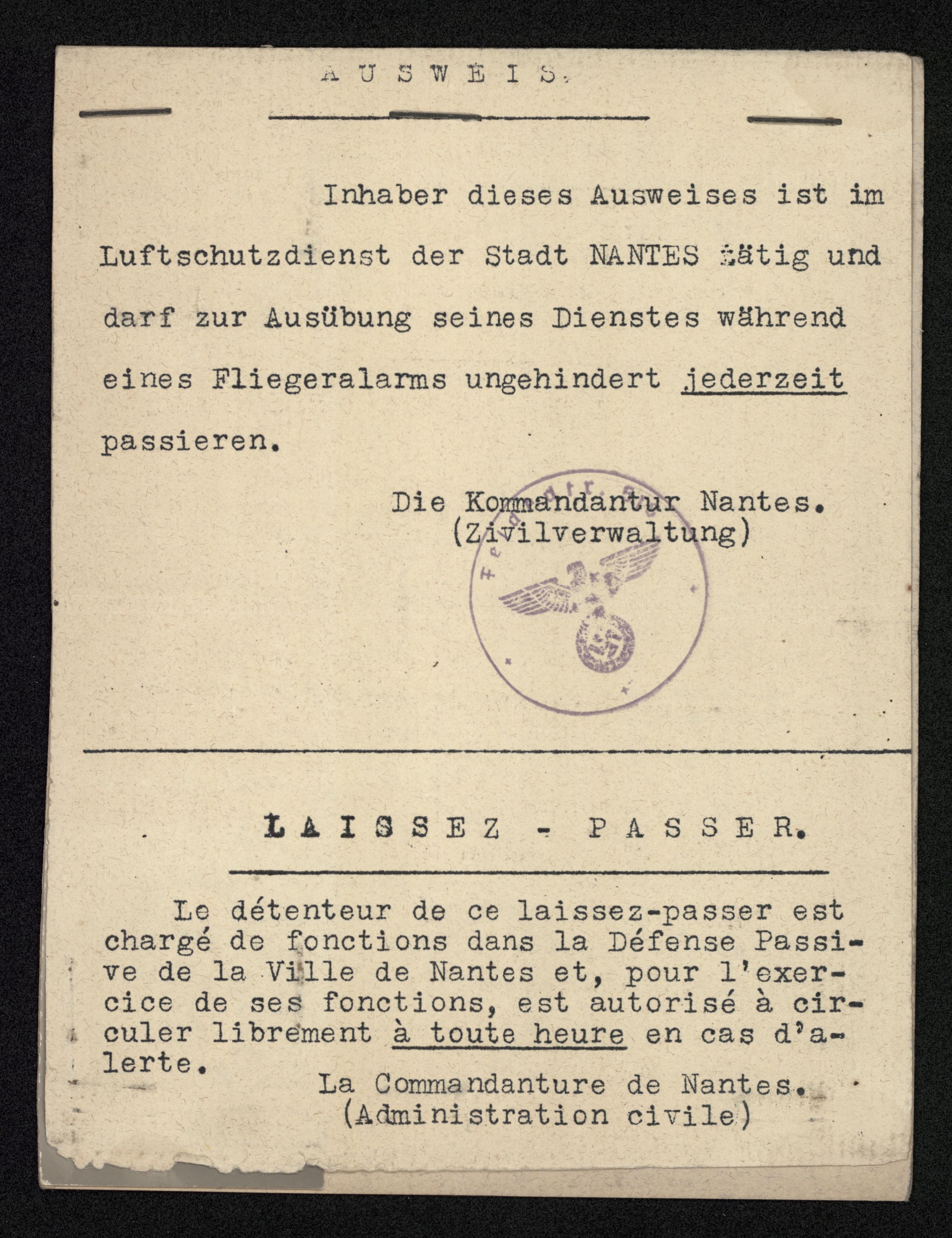 Carte de laisser-passer en qualité de membre de la Défense Passive (1Z7)