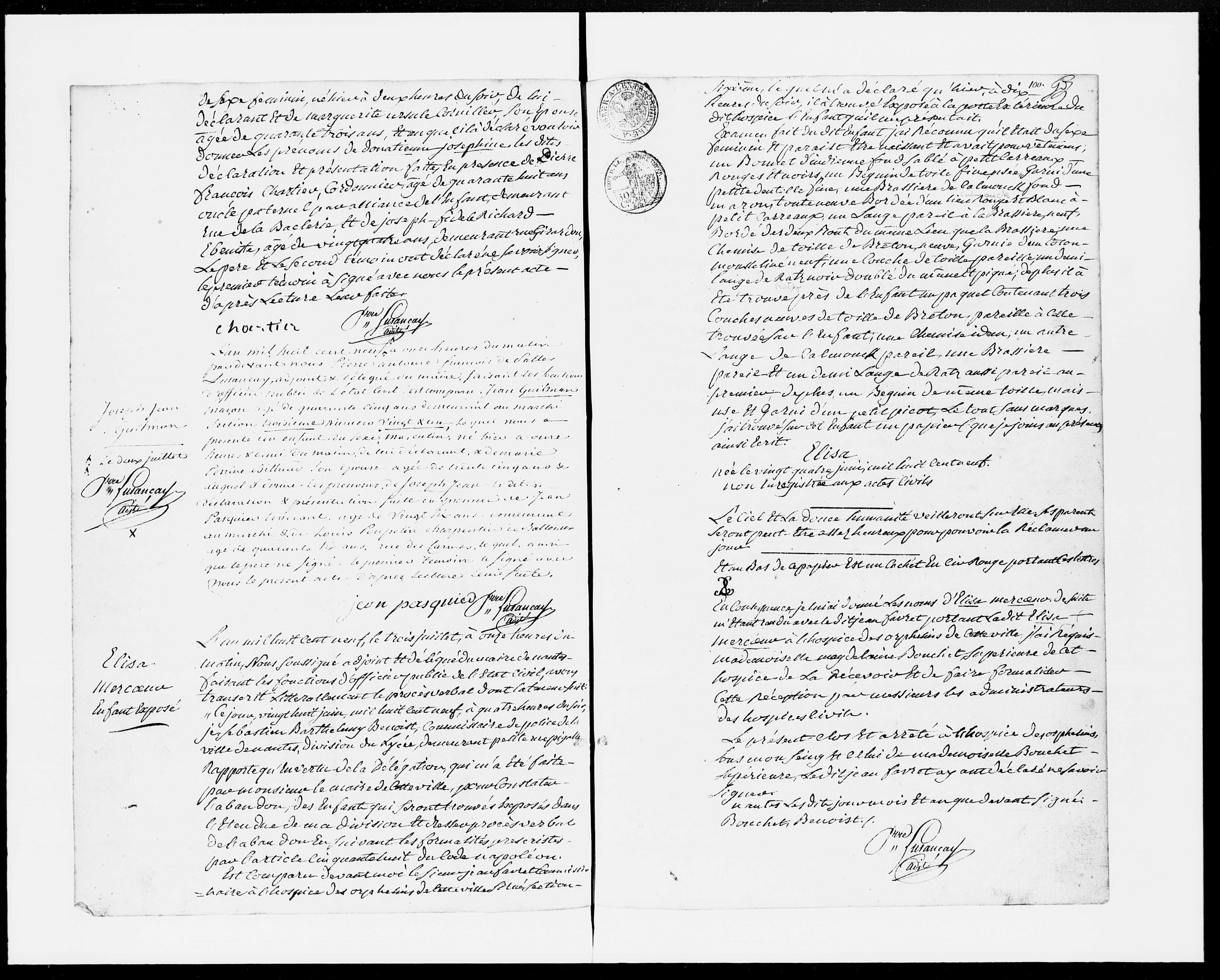 Acte de naissance d'Élisa Mercoeur reprenant le bulletin d'enfant exposé (1E358)