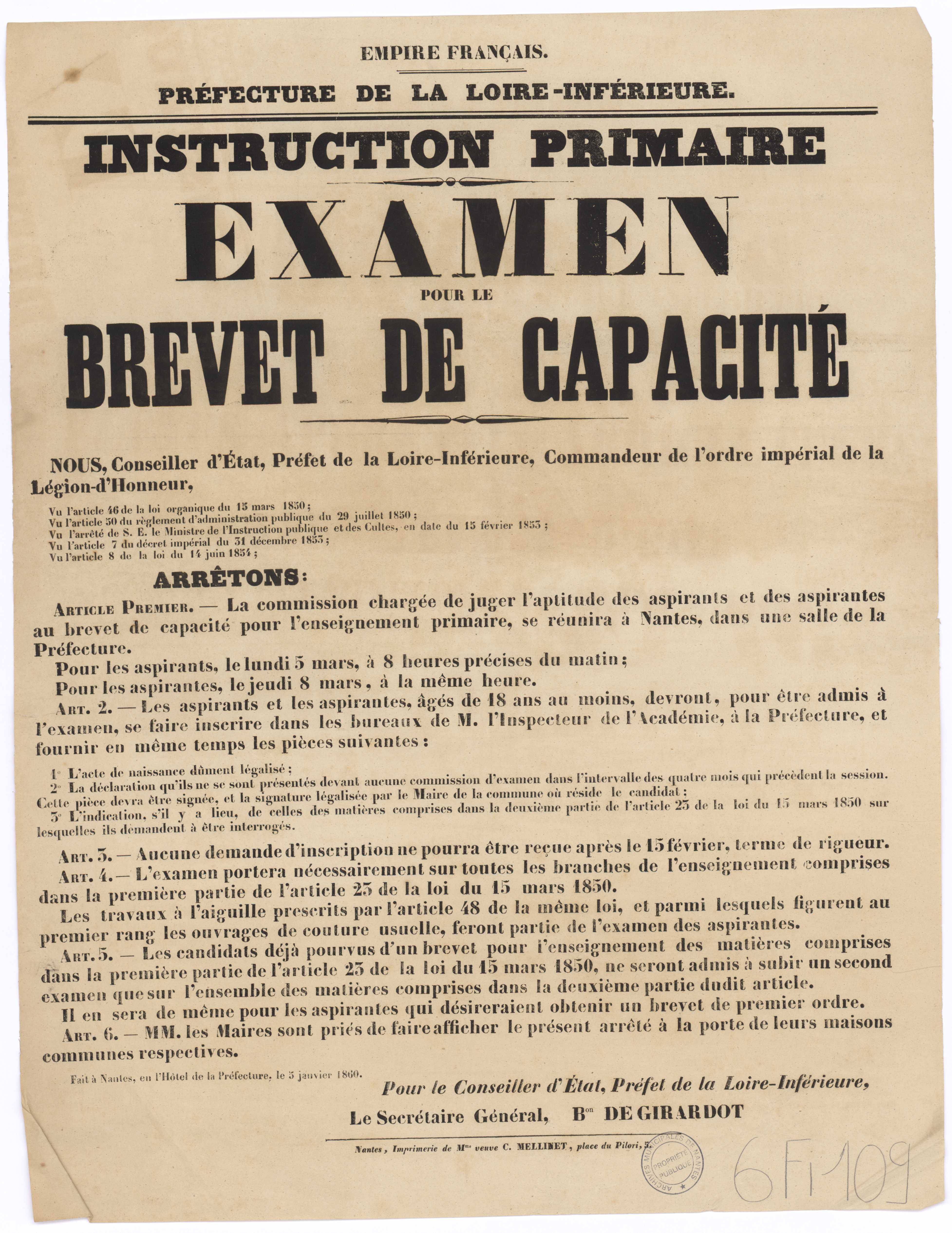 Affiche annonçant l'examen pour le brevet de capacité en Loire-Inférieure, 1860 (6Fi109)
