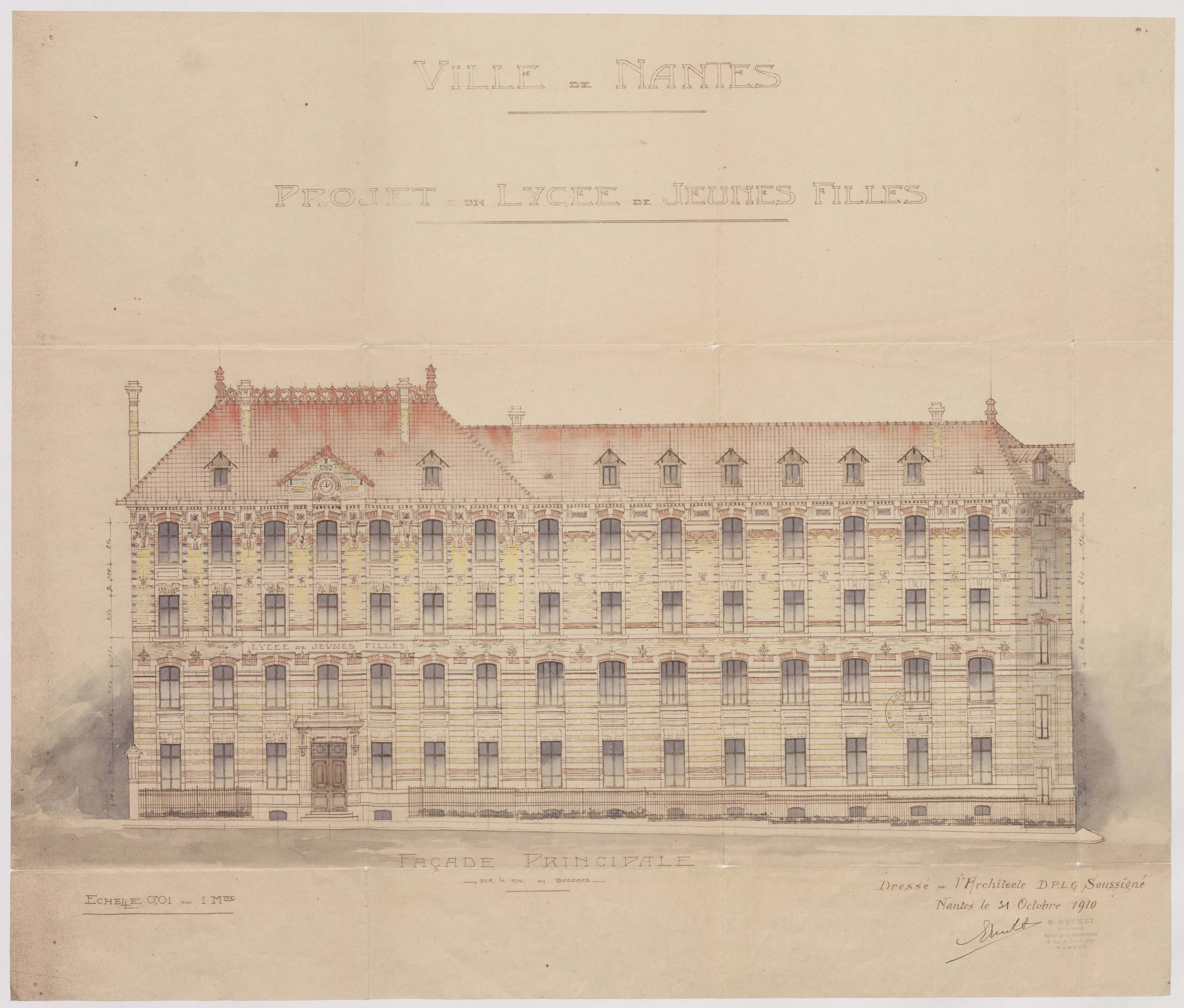 Façade principale du lycée de jeunes filles, rue du Boccage, 1910 (1Fi4762)