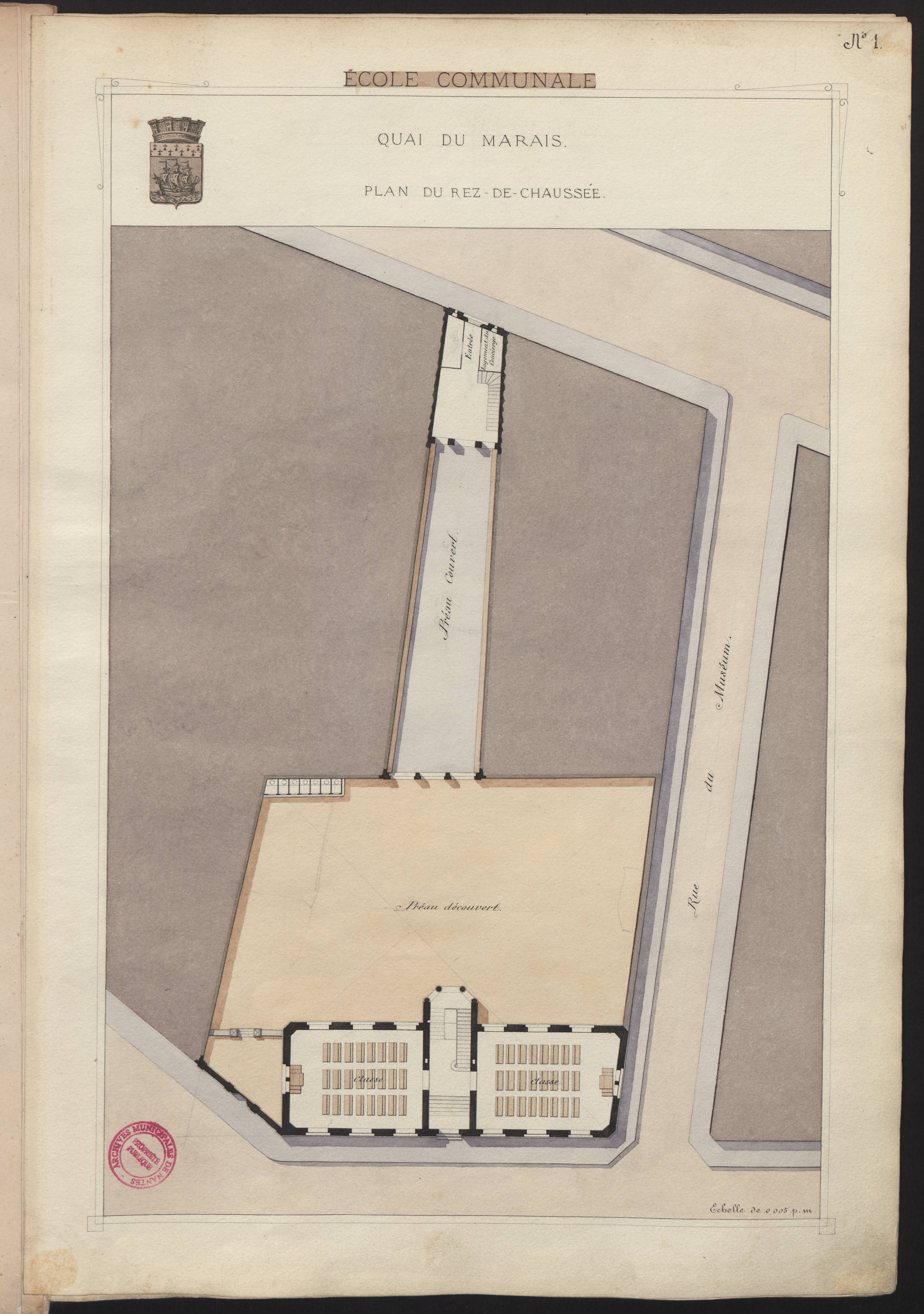 Page de l'atlas de présentation de la Ville de Nantes à l'Exposition universelle de 1878 concernant les nouvelles écoles communales construites de 1875 à 1878 (2F20)