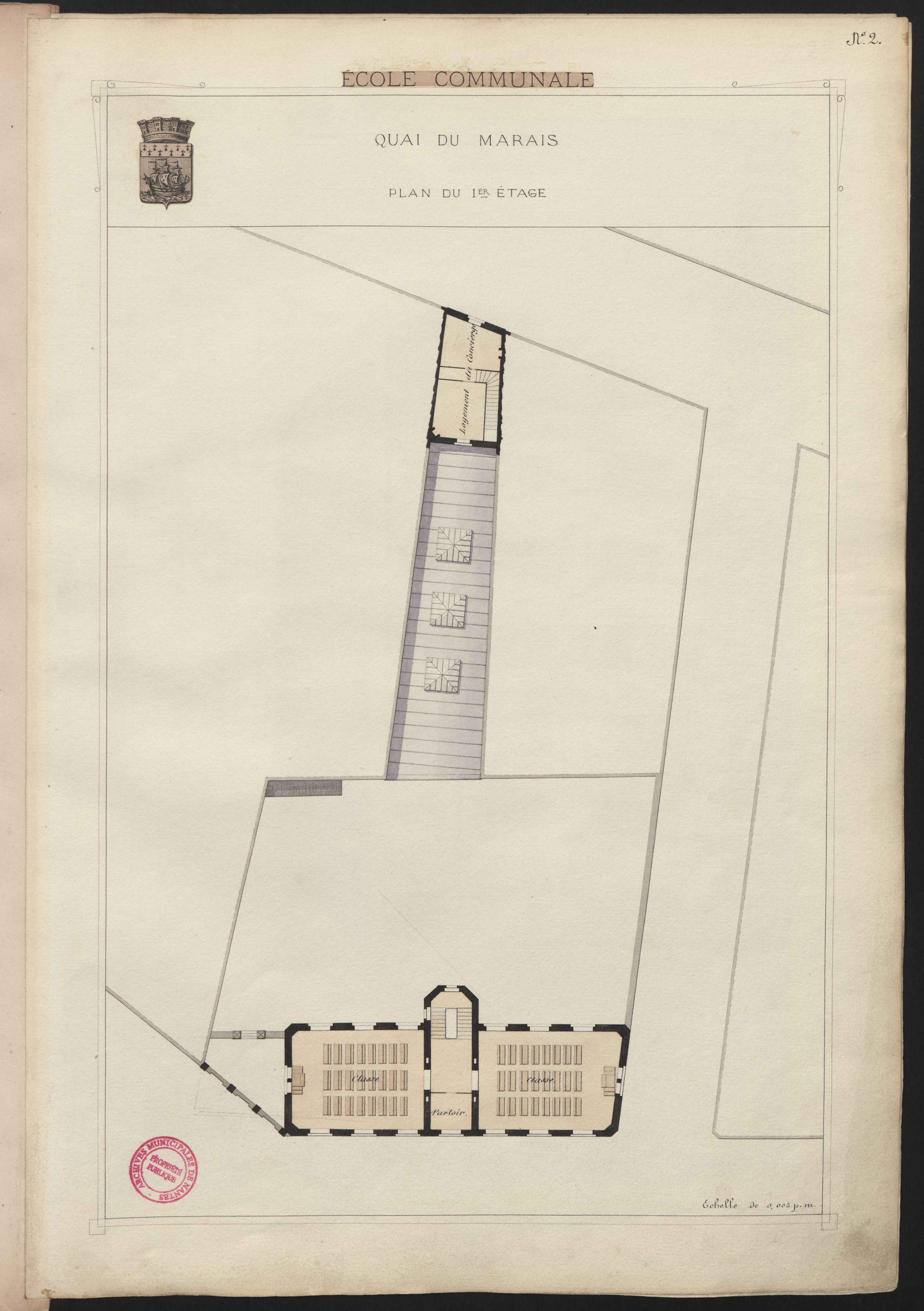 Page de l'atlas de présentation de la Ville de Nantes à l'Exposition universelle de 1878 concernant les nouvelles écoles communales construites de 1875 à 1878 (2F20)
