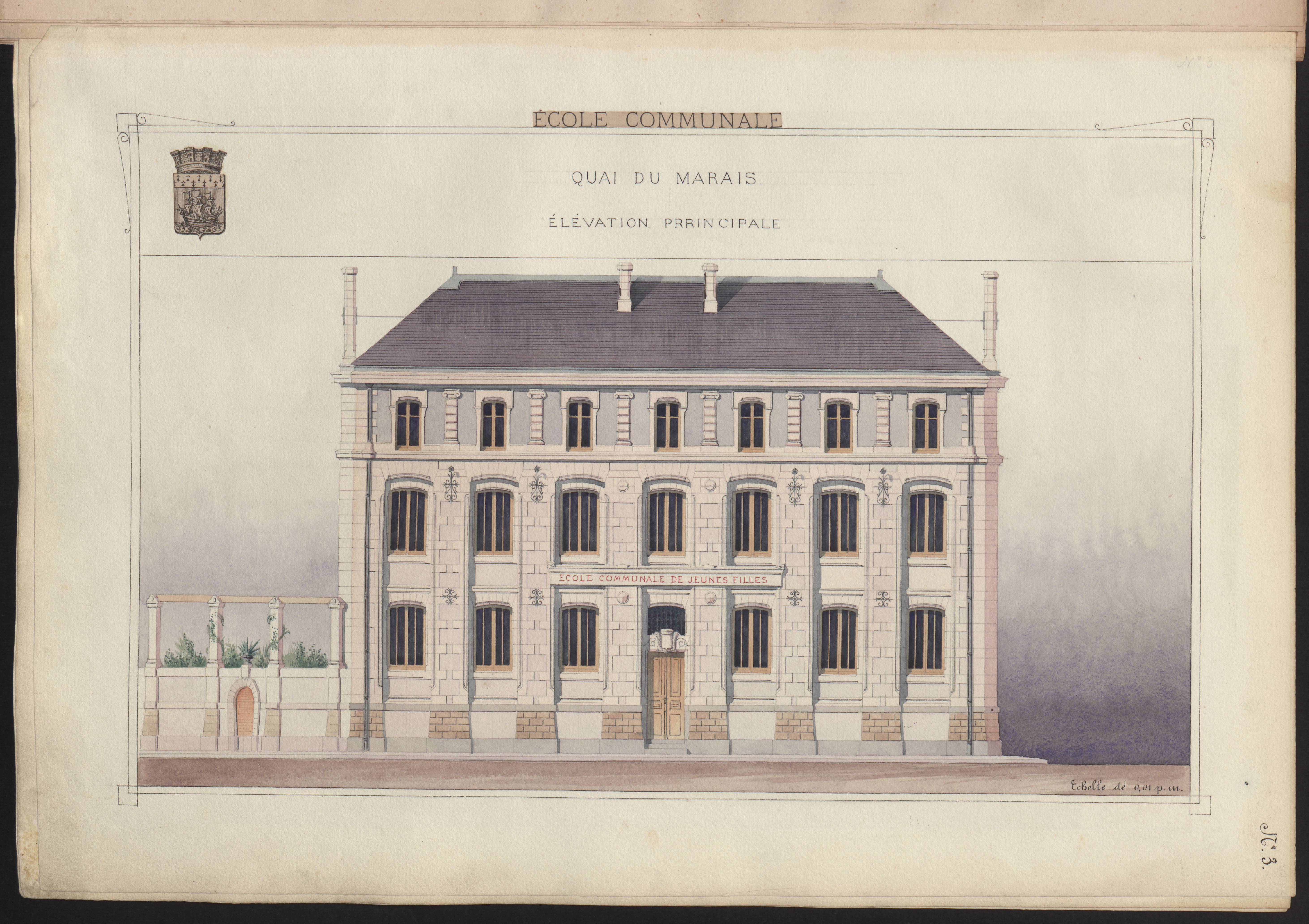 Page de l'atlas de présentation de la Ville de Nantes à l'Exposition universelle de 1878 concernant les nouvelles écoles communales construites de 1875 à 1878 (2F20)