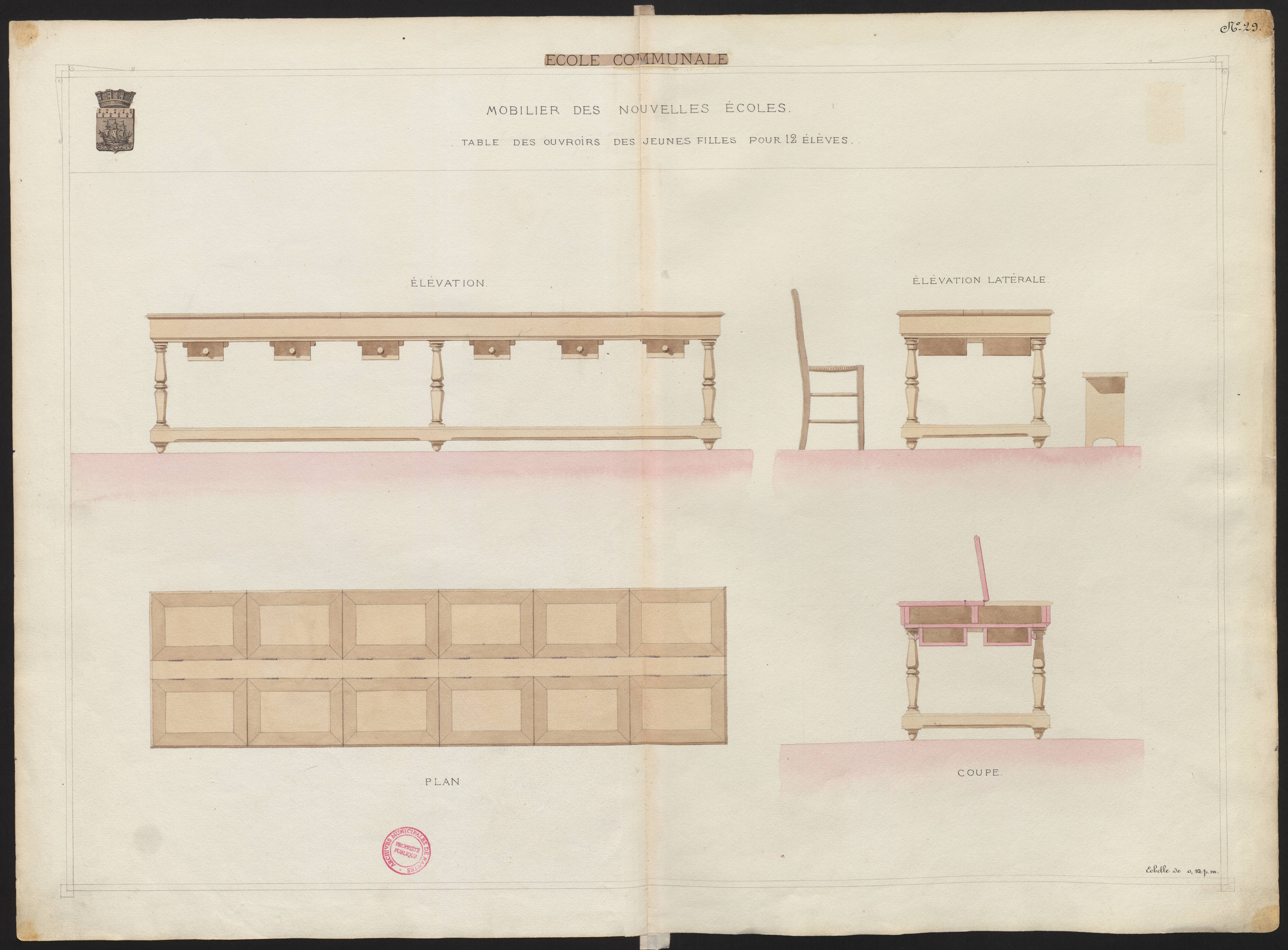 Page de l'atlas de présentation de la Ville de Nantes à l'Exposition universelle de 1878 concernant les nouvelles écoles communales construites de 1875 à 1878 (2F20)