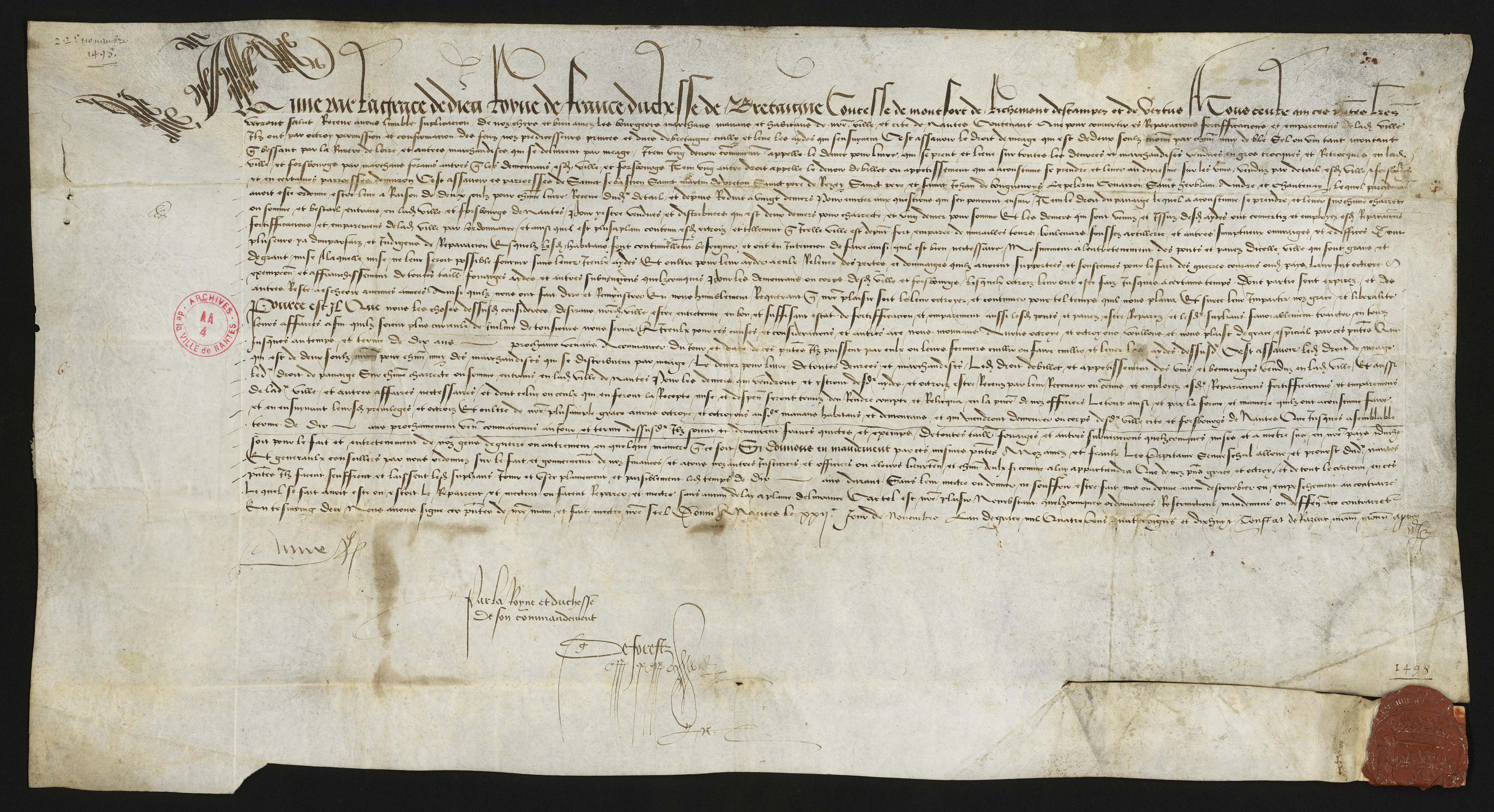 Lettres patentes d'Anne de Bretagne confirmant les privilèges de la ville de Nantes, novembre 1498 (AA4/20, recto)
