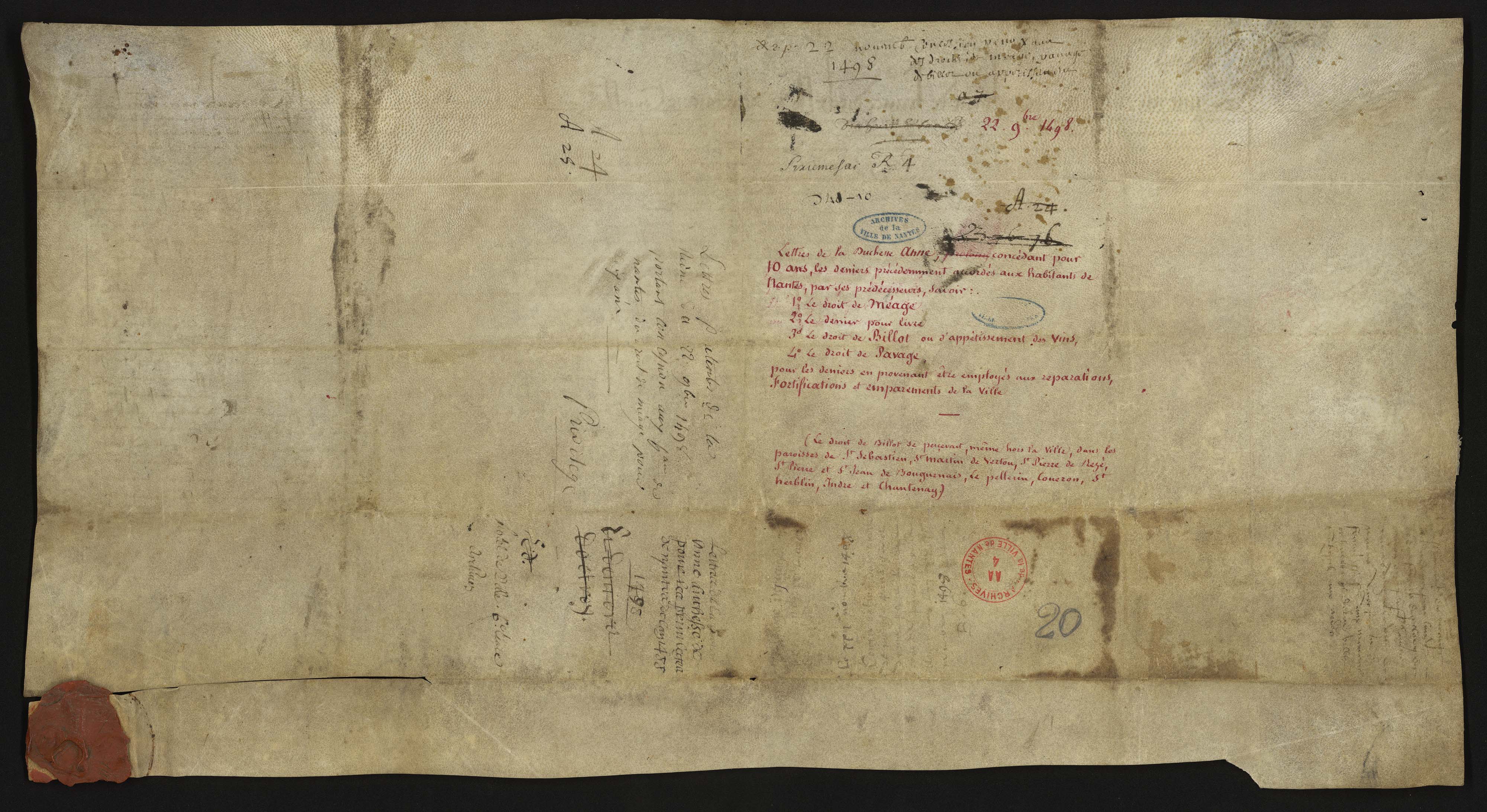 Lettres patentes d'Anne de Bretagne confirmant les privilèges de la ville de Nantes, novembre 1498 (AA4/20, verso)
