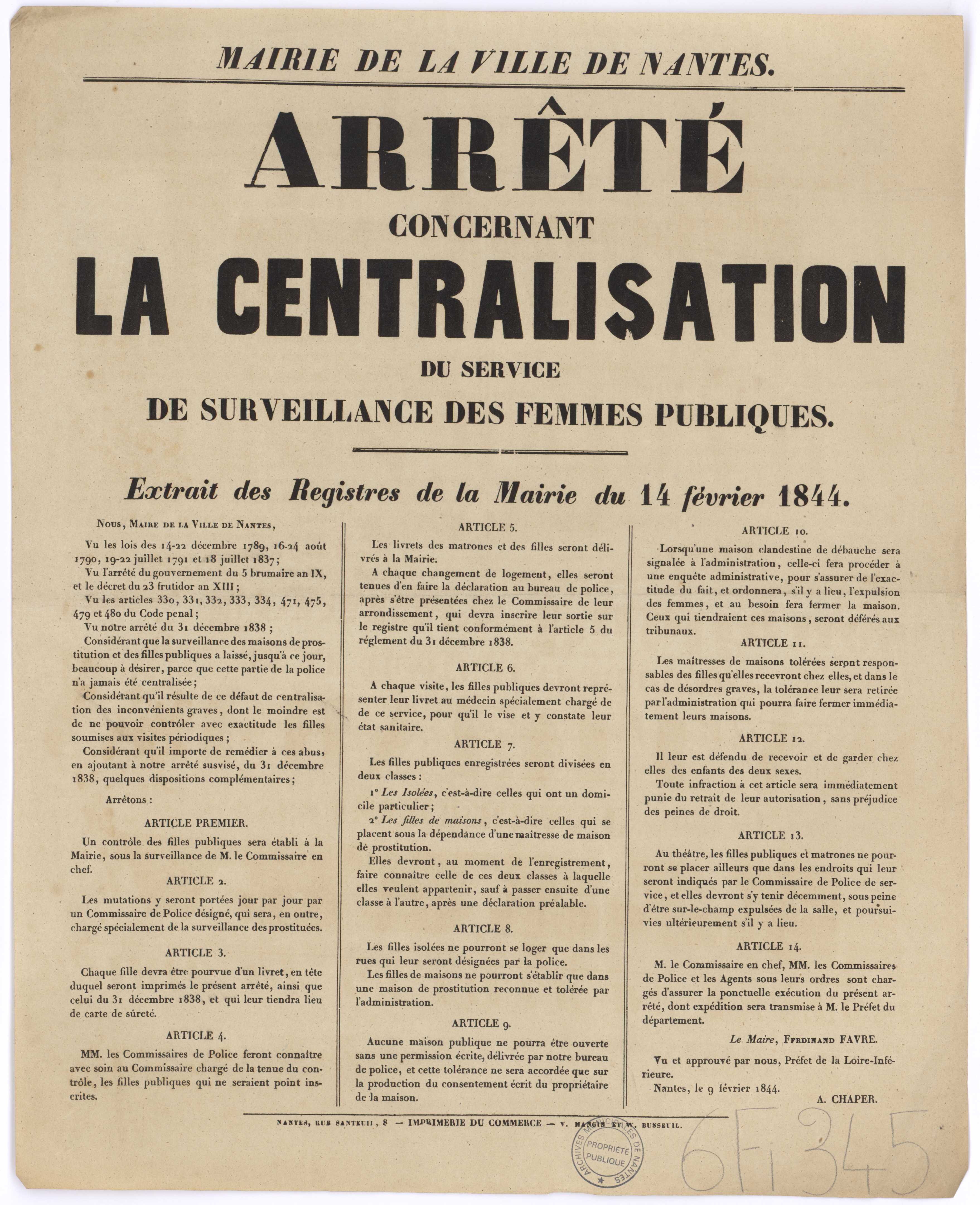 Arrêté concernant la centralisation du service de surveillance des femmes publiques, 1844 (6Fi345)